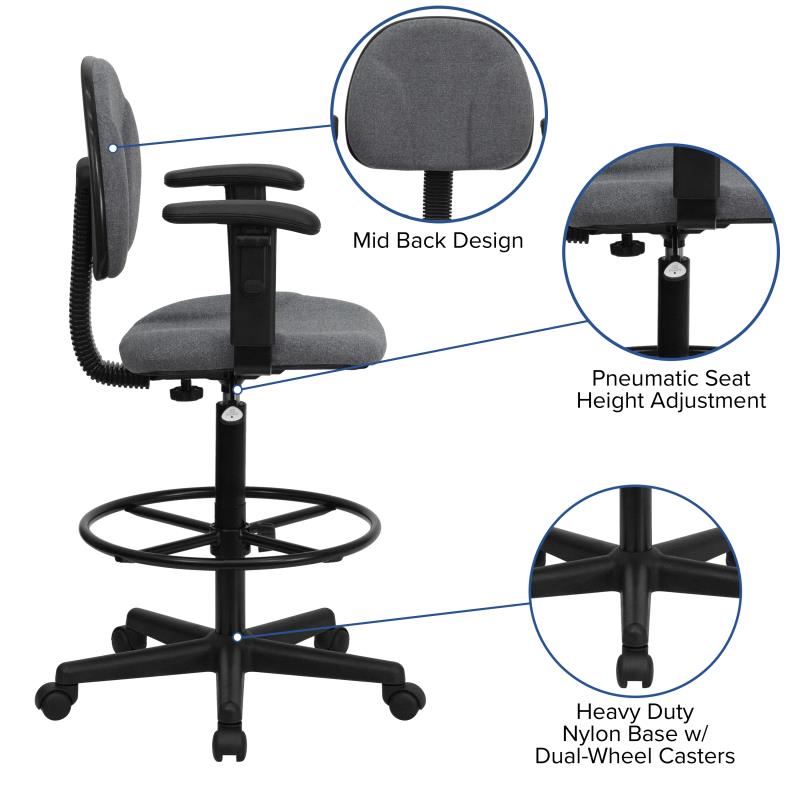 FLASH Patterned Fabric Drafting Chair BT 659 - Adjustable Height Office Chair for Artists, Architects & Designers - Ergonomic Stool for Drafting Table, Studio & Workspace