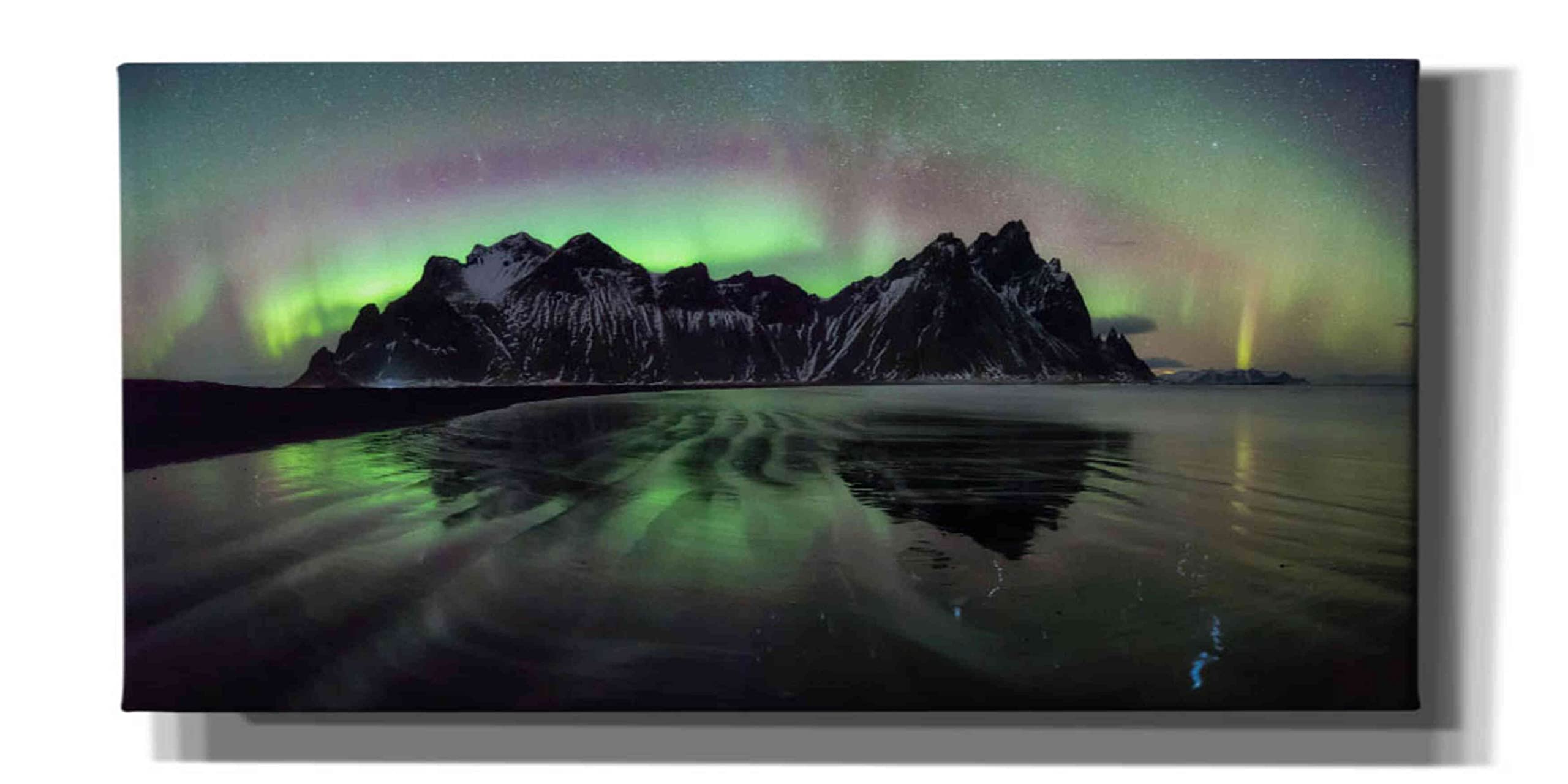 Epic Graffiti 'Water and Mountain During Northern Lights' Giclee Canvas Wall Art - 40x20 Inches - Premium Northern Landscape Painting for Living Room, Bedroom & Office Decor