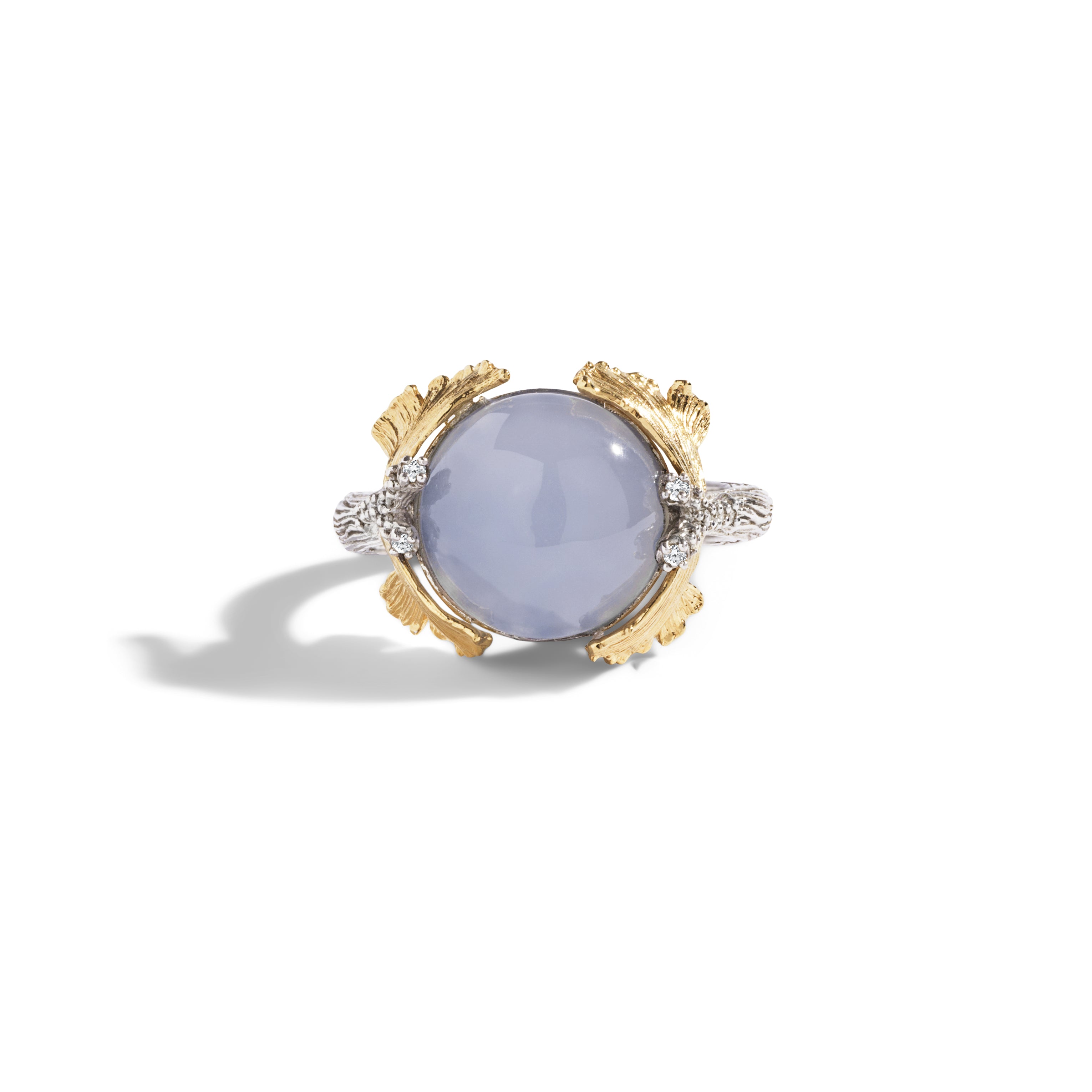 Elegant Butterfly Ginkgo Ring with Chalcedony & Diamonds - Vintage Inspired Jewelry for Women, Perfect for Weddings, Anniversaries & Special Occasions