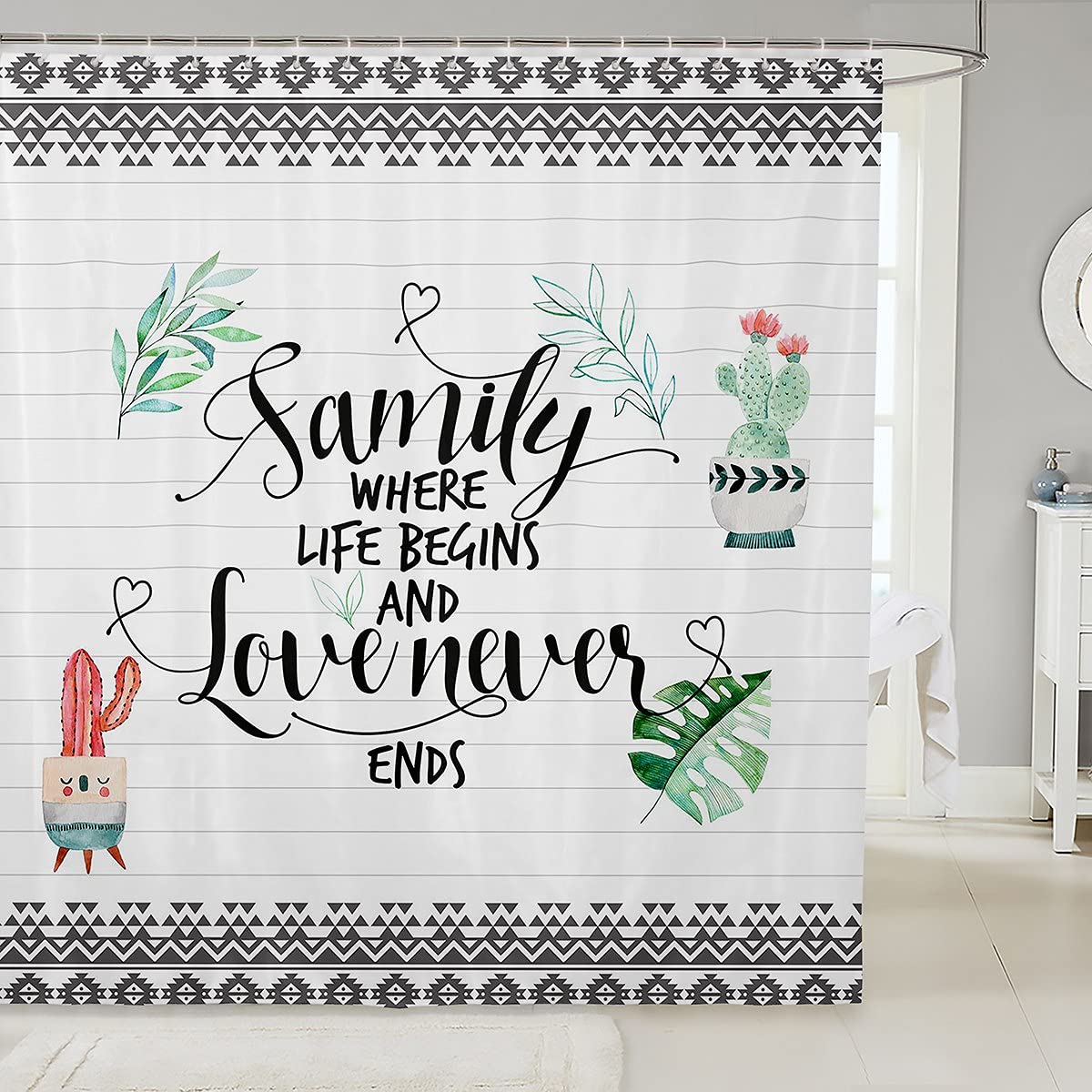 Palm Leaves Shower Curtain with Hooks - Waterproof Bathroom Decor with Cactus Pink Flowers & Inspirational Family Quotes (72x84 Inches) for Tropical Spa-Like Shower Experience