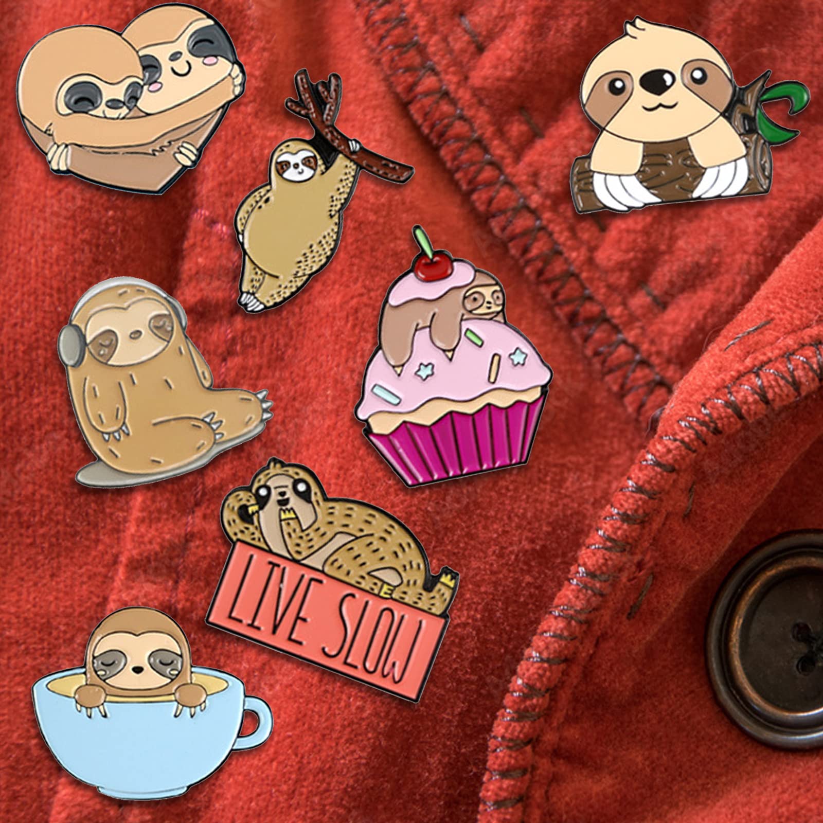 MJartoria Sloth Enamel Brooch Pins Set - 7pcs Cute Cartoon Animal Badges for Backpacks, Jackets, Bags & Clothing Accessories (Brown Sloth Design) - Perfect for Gifts, DIY Crafts & Fashion Decoration