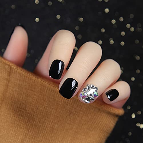 24pcs Black Shimmering Powder Full Drill Fake Nails - Short Style Press on Nails with Super Flash Decor for Girls | Perfect for Parties, Weddings & Daily Wear