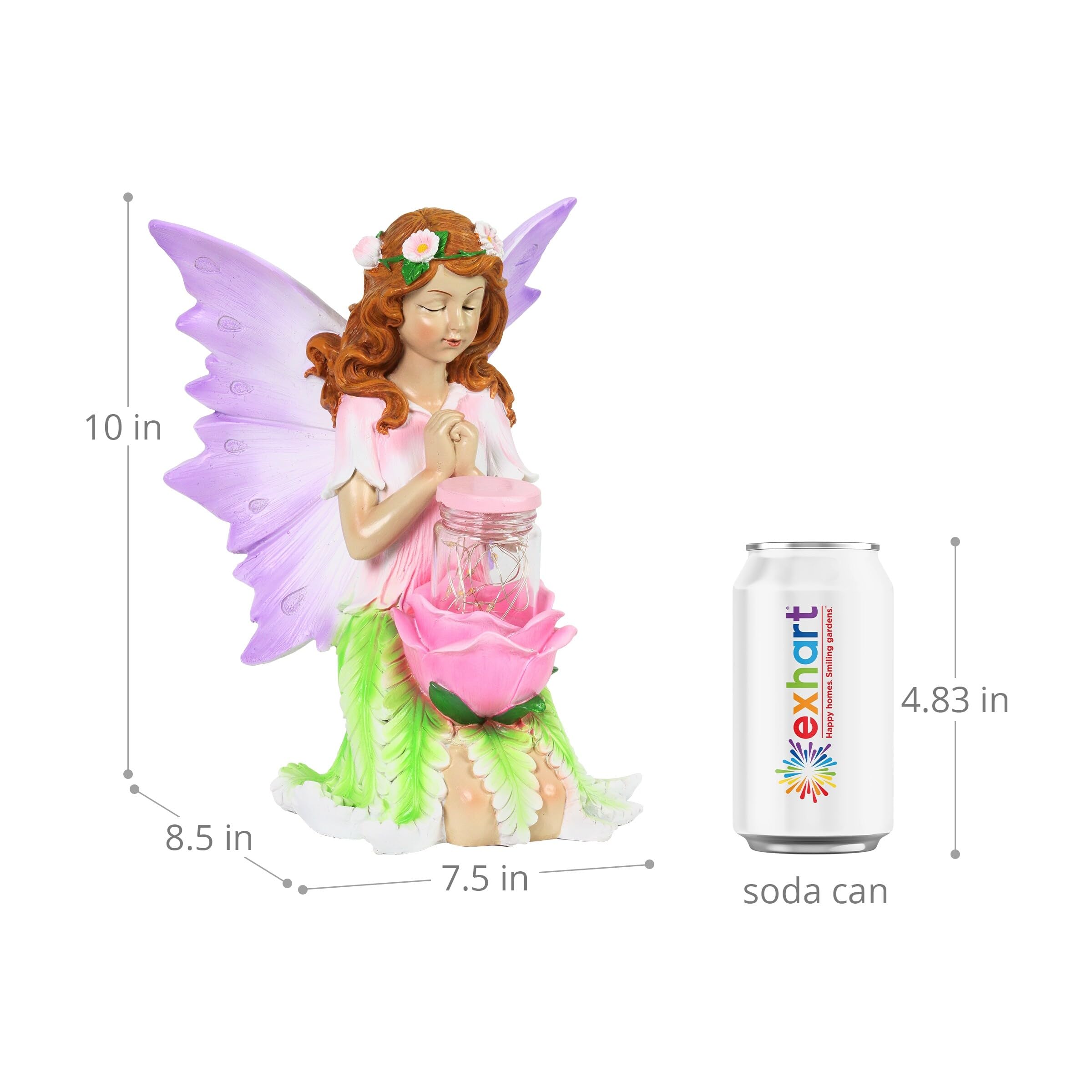 Exhart Solar Fairy Garden Statue with Rose & Firefly Jar - 8 LED Lights, 7.5 x 8.5 x 10 Inch Outdoor Lawn & Yard Decoration - Perfect for Fairy Gardens, Patios, and Backyard Landscaping