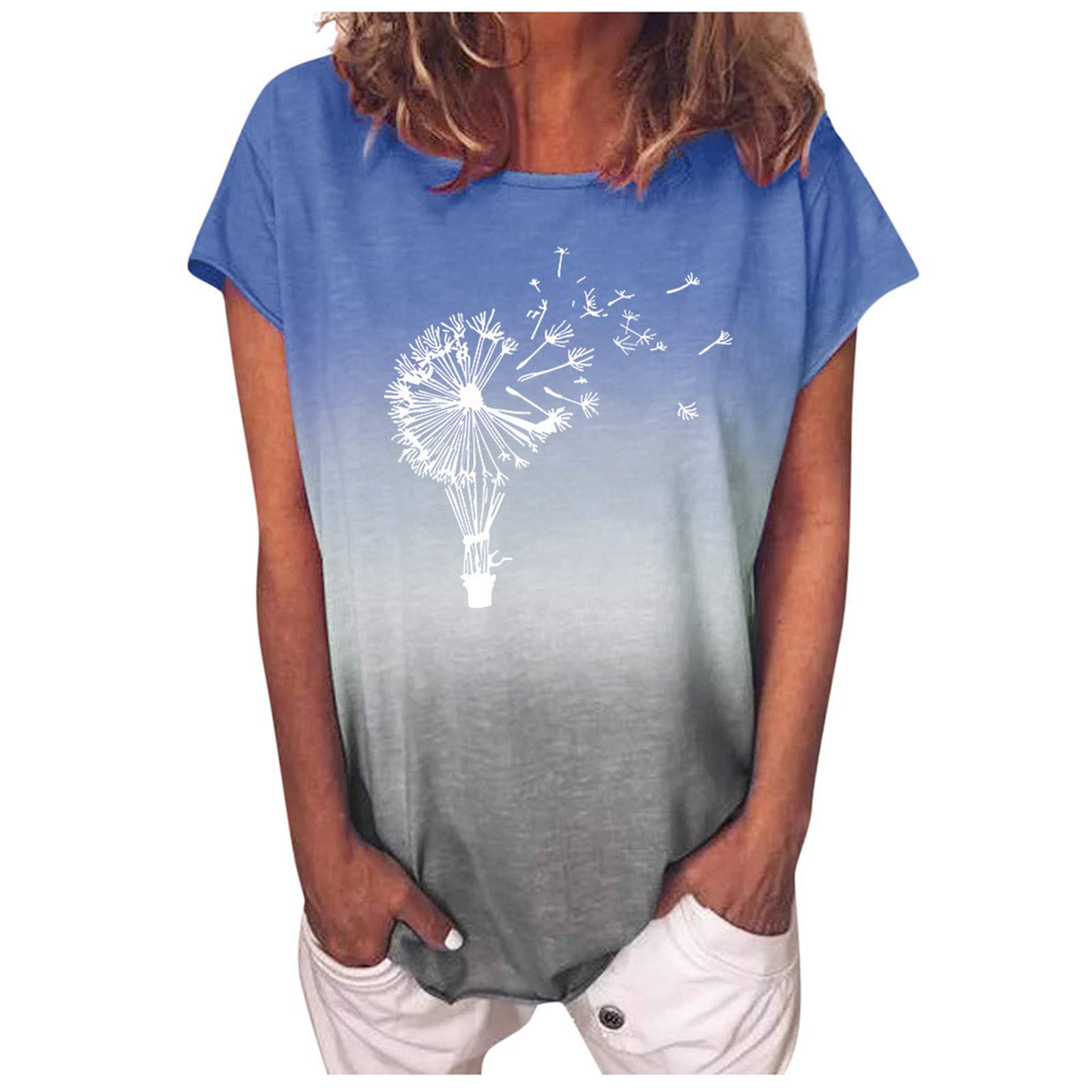 Women's Short Sleeve Sunflower Print O-Neck T-Shirt - Fashion Gradient Blouse for Summer | Casual Wear, Beach Outfits & Everyday Style