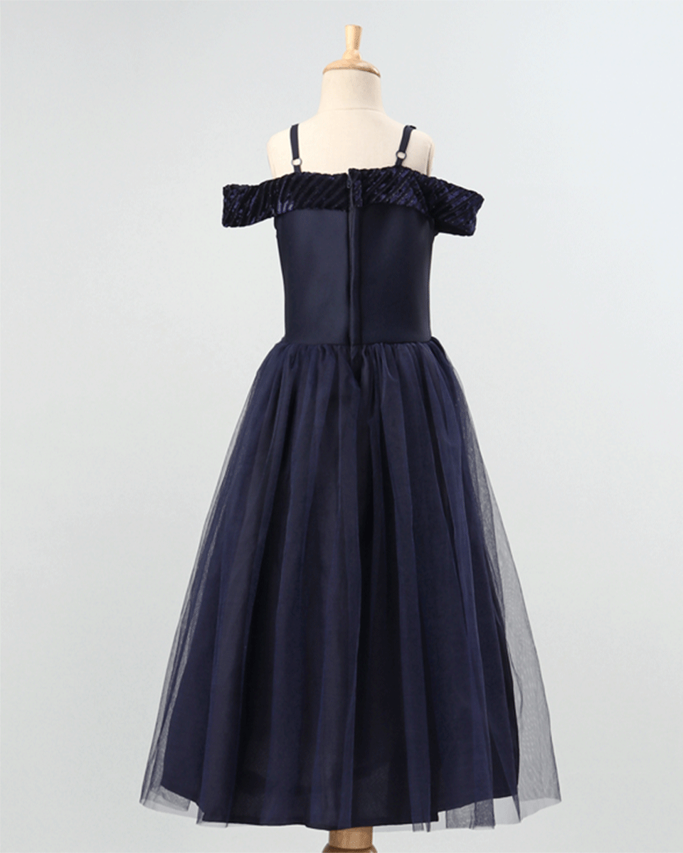 Pre Order: Navy Blue Girls Flower Embellished Party Gown with Net and Crepe Lining | Elegant Flower Girl Dress for Weddings, Birthday Parties & Special Occasions