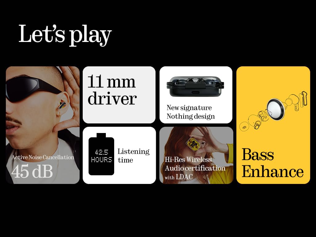 Nothing Ear (a) Wireless Bluetooth Earbuds with ChatGPT Integration - 45dB Hybrid ANC, Hi-Res Audio, 6 Mics, 42.5H Playtime - Perfect for Workouts, Commuting & Travel (Black)