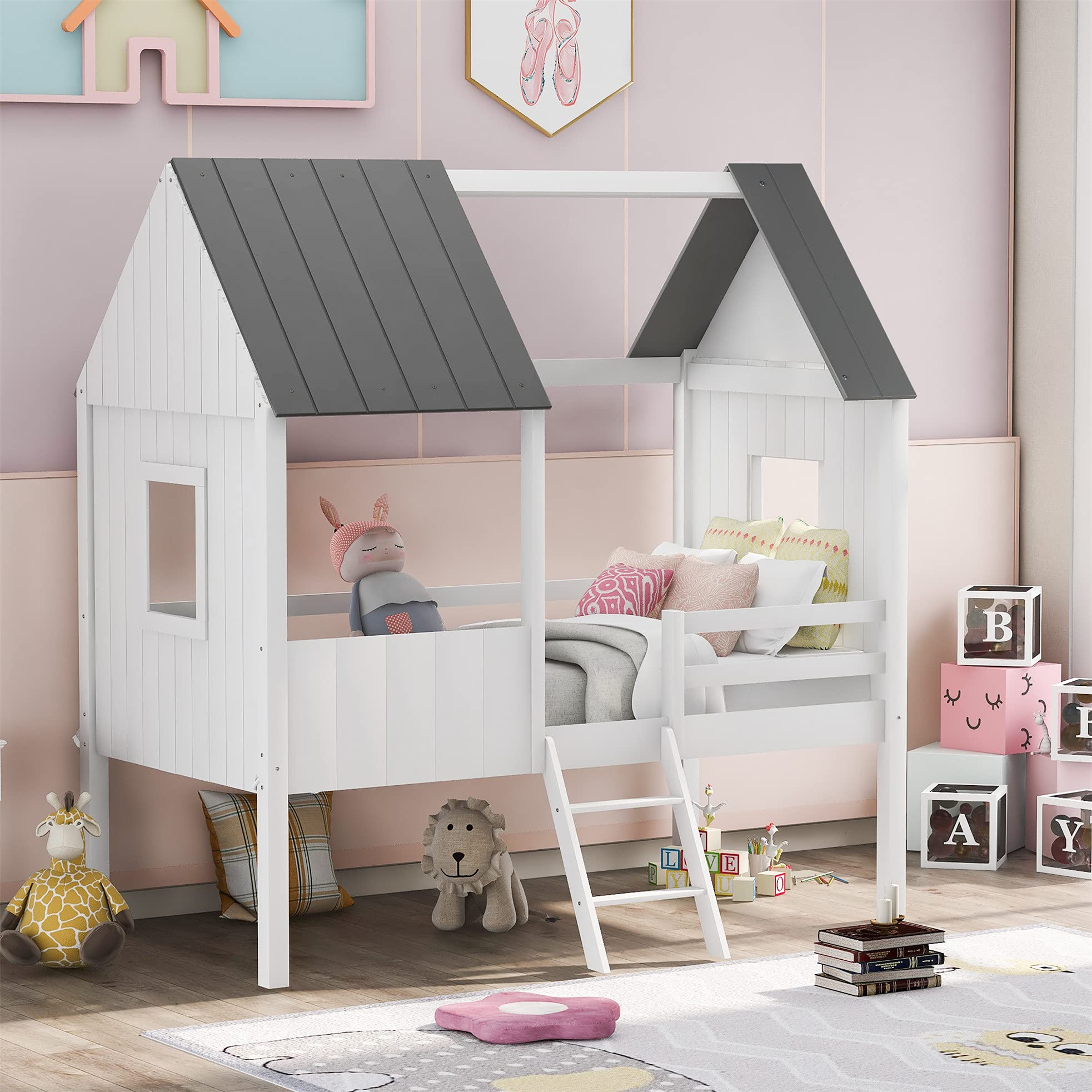 Kids Twin House Bed with Roof & Windows - Low Loft Bed for Girls & Boys in Normal Gray & White - Perfect for Shared Bedrooms & Playrooms