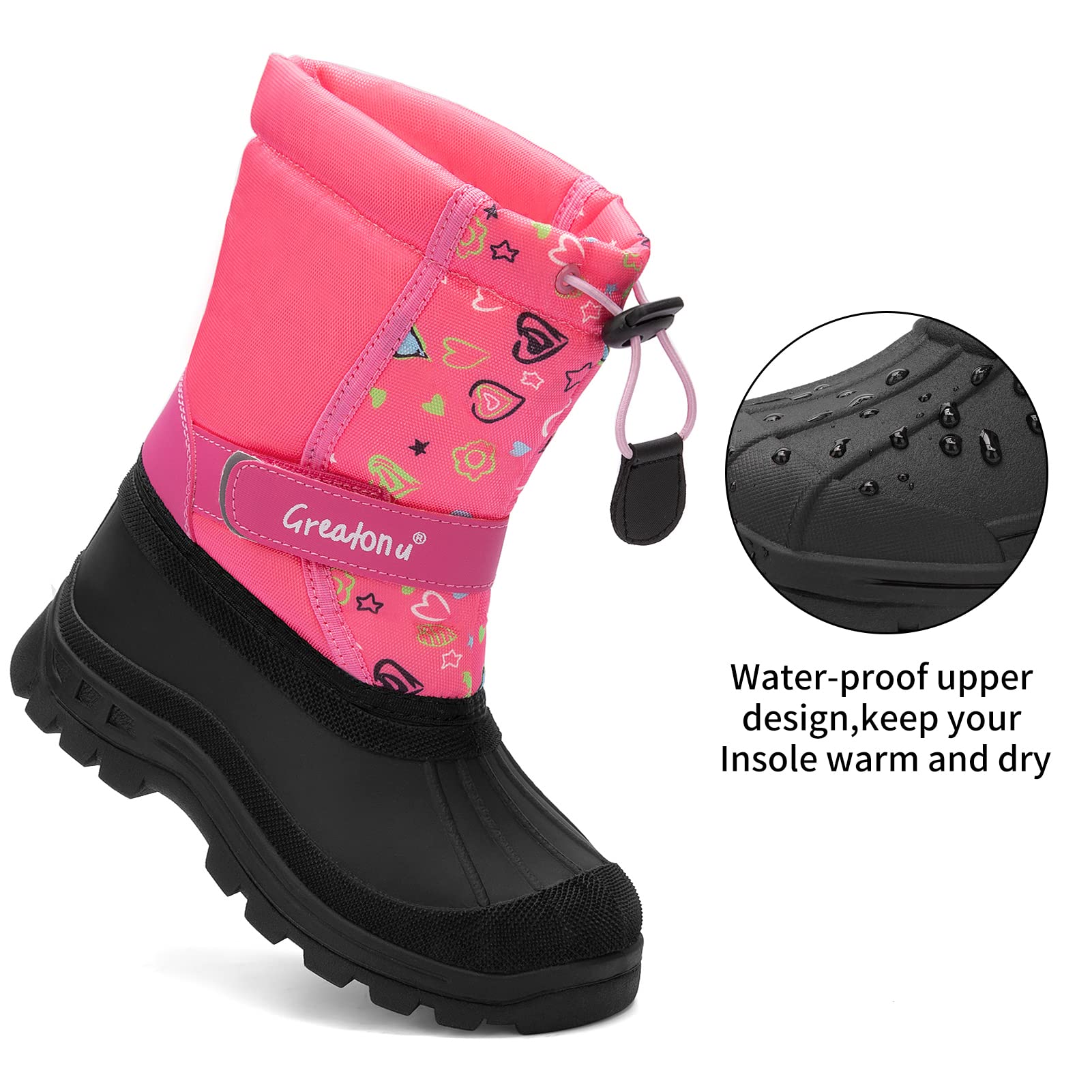 Greatonu Kids Snow Boots Waterproof Winter Boots for Boys & Girls - Insulated Mid Calf Duck Boots for Cold Weather & Outdoor Play