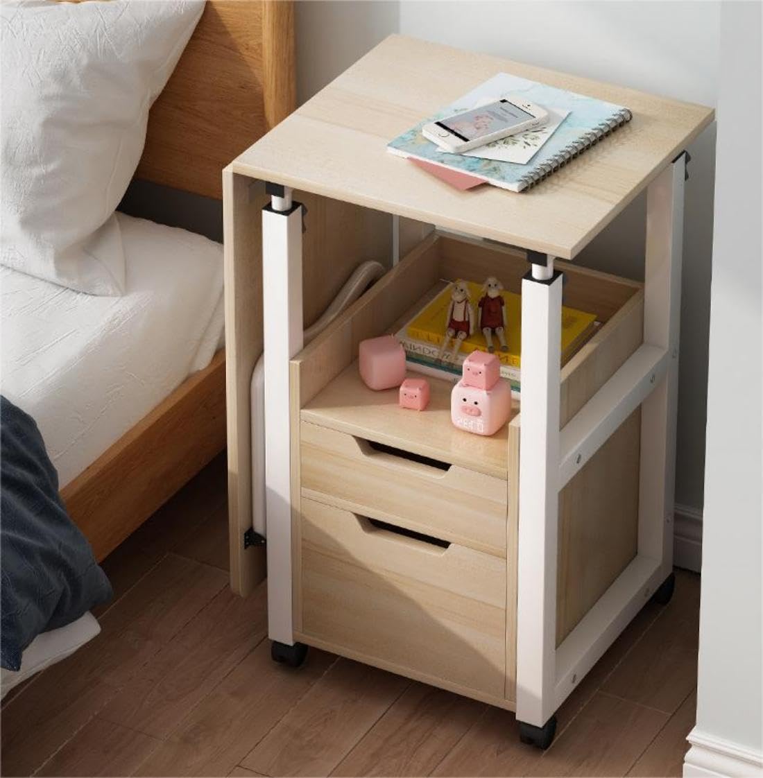 Adjustable Height Freestanding Overbed Table with Wheels & Drawers - Foldable Mobile Laptop Desk for Bedroom, Hospital, or Office Use - Rolling Computer Workstation for Small Spaces & Home Nursing Care