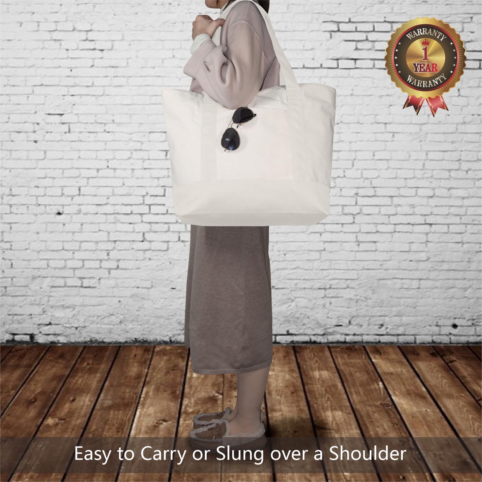 TOPDesign 30-Pack Canvas Tote Bags with External Pocket - Reusable Grocery Shopping Bags with Zipper Closure for Daily Essentials (Natural) | Perfect for Groceries, Beach Trips & Eco-Friendly Shopping