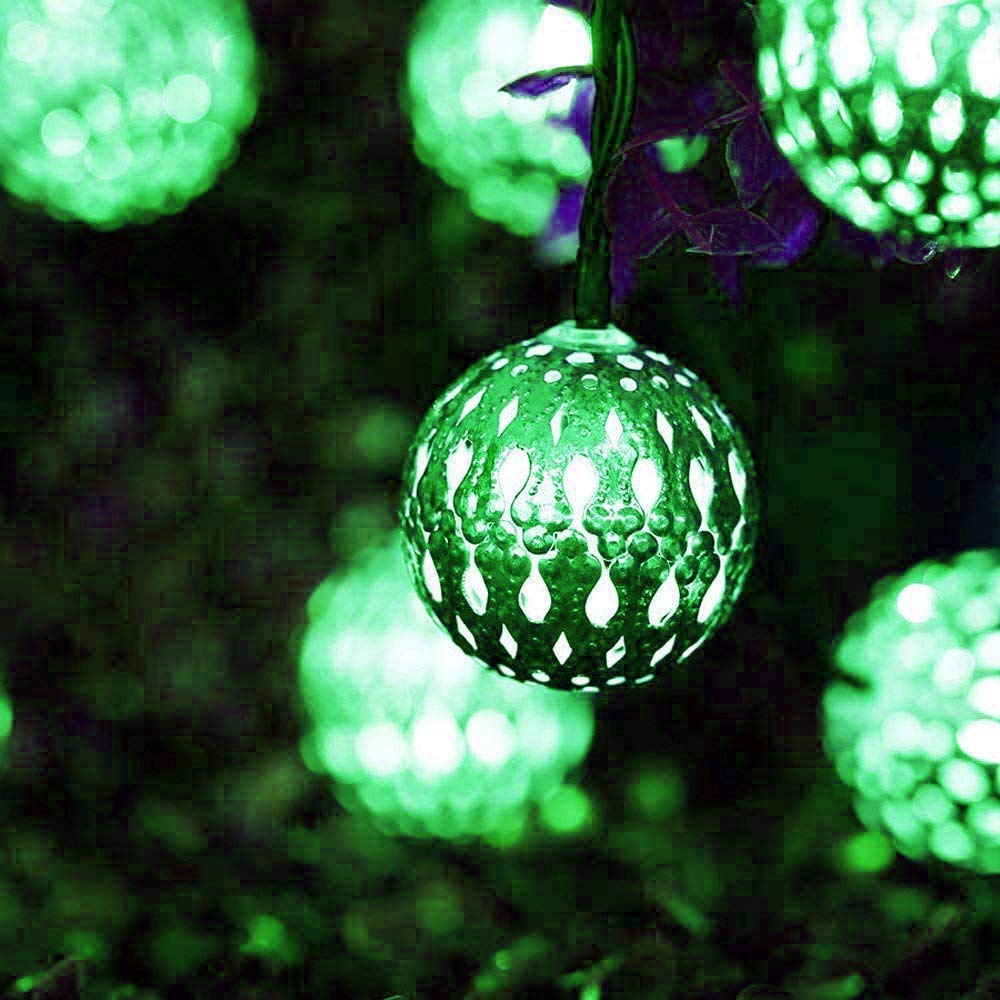 Solar Powered Metal Ball String Lights 12LED 3.5M - Outdoor/Indoor Moroccan Fairy Lights for Garden, Patio, Christmas, Wedding, Party & Home Decor (Green) | Perfect for Backyard, Balcony, Festive Events & Romantic Ambiance