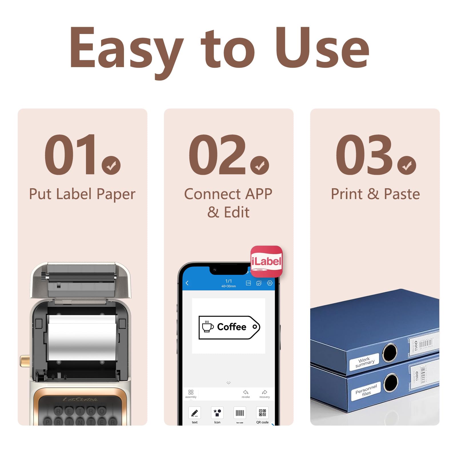 Wireless Mini Retro Label Maker Machine with Tape - Bluetooth Portable Thermal Sticker Printer for Phone, Small Business, Address, Logo, QR Code, Food, Home & Kitchen (50×30mm Labels, Black) | Perfect for Organizing, Gift Wrapping & Product Labeling