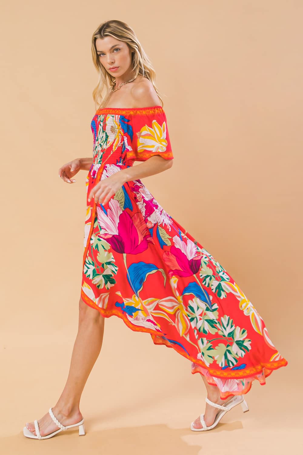 Bohemian Off Shoulder Maxi Dress - Tropical Floral Print Smocked Summer Dress with Hi-Low Hem | Perfect for Beach Vacations, Music Festivals and Boho Chic Outfits