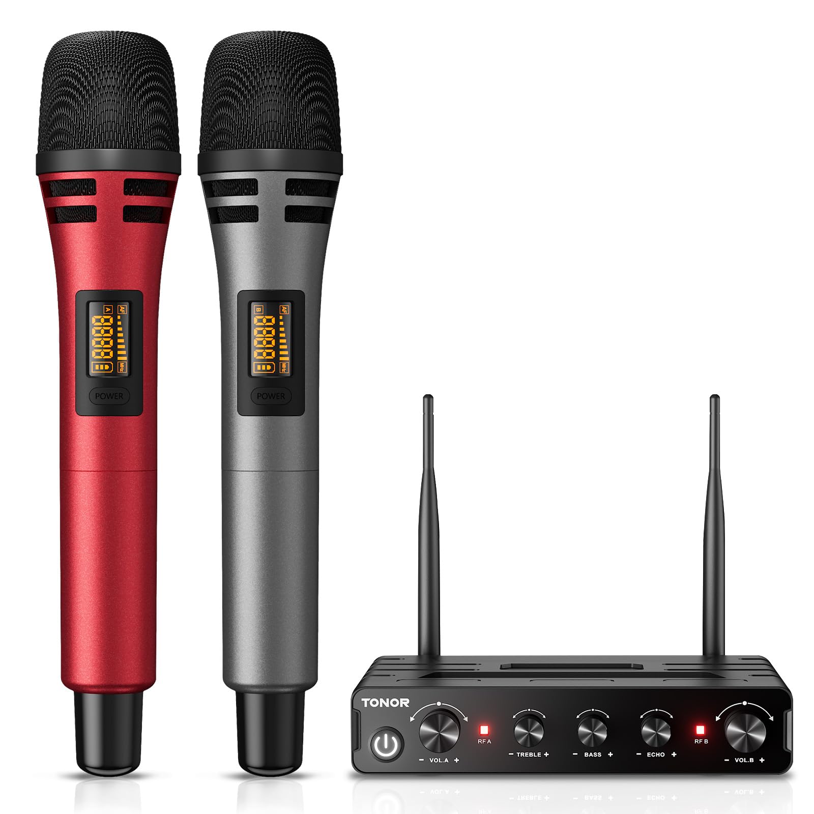 TONOR Wireless Microphone System - Dual UHF Cordless Karaoke Mic Set with Receiver | Handheld Dynamic Microphone for Singing, DJ Parties, Church Events, Weddings & Public Speaking | Ideal for Karaoke Nights, Live Performances & Stage Shows (TW350 Red)