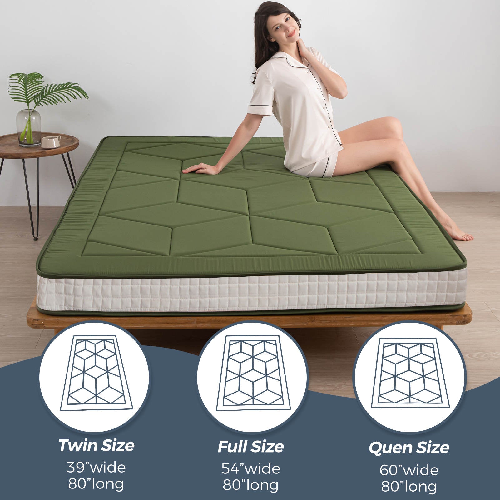 MAXYOYO 6-Inch Extra Thick Japanese Floor Futon Mattress - Premium Diamond Quilting Design for Bedroom, Guest Room & Small Spaces - Green (Queen Size) | Ideal for Apartments, Dorms, Sleepovers & Minimalist Living