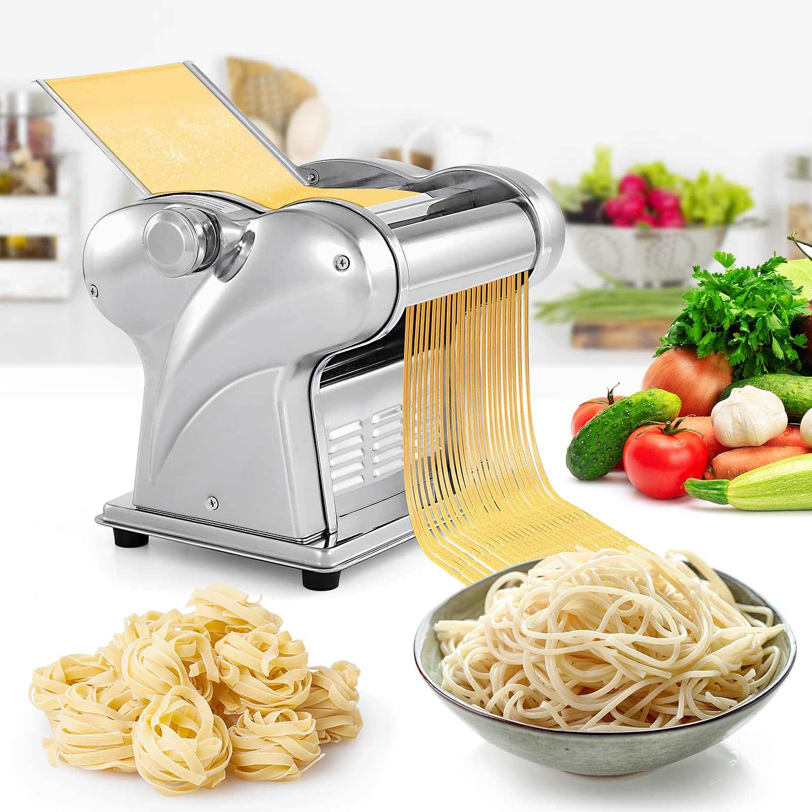 WICHEMI Electric Pasta Maker Machine - 135W Stainless Steel Pasta Dough Roller & Noodle Press for Spaghetti, Fettuccine | Includes 1.5mm & 4mm Flat Noodle Attachments | Perfect for Home Kitchen & Italian Cooking