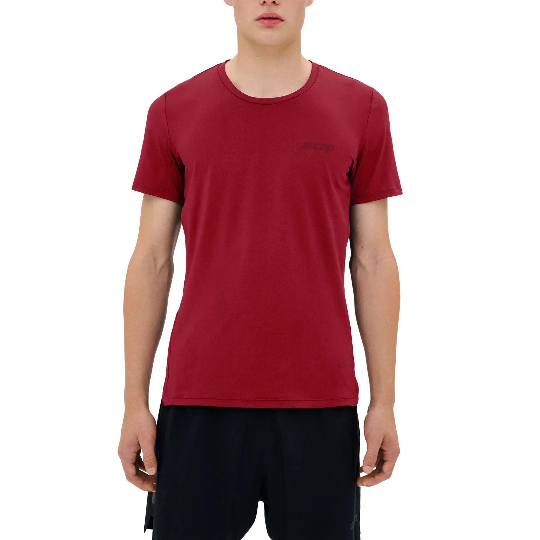 CEP Men's The Run Shirt Round Neck Short Sleeve V5 - Moisture Wicking Athletic Performance Top for Running & Gym Workouts - Dark Red