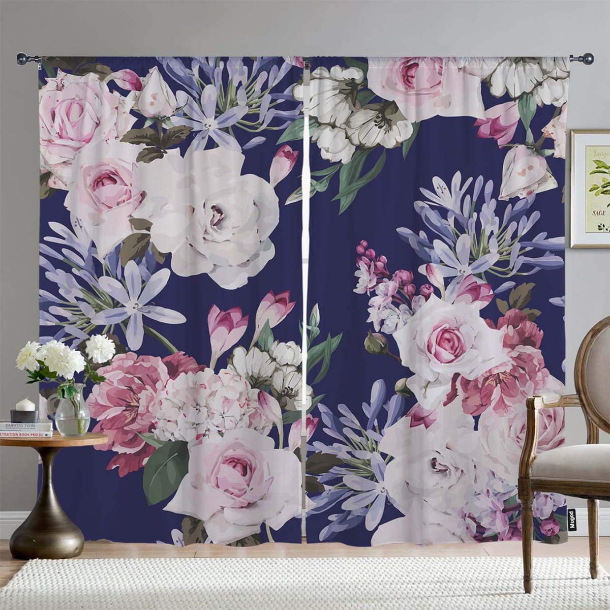 Blackout Window Curtains - Watercolor Floral Pattern with Roses on Dark Blue, Room Darkening Drapes for Bedroom, Living Room & Kitchen (108x63 Inches, Set of 2 Panels) | Perfect for Home Decor, Light Blocking & Privacy Protection