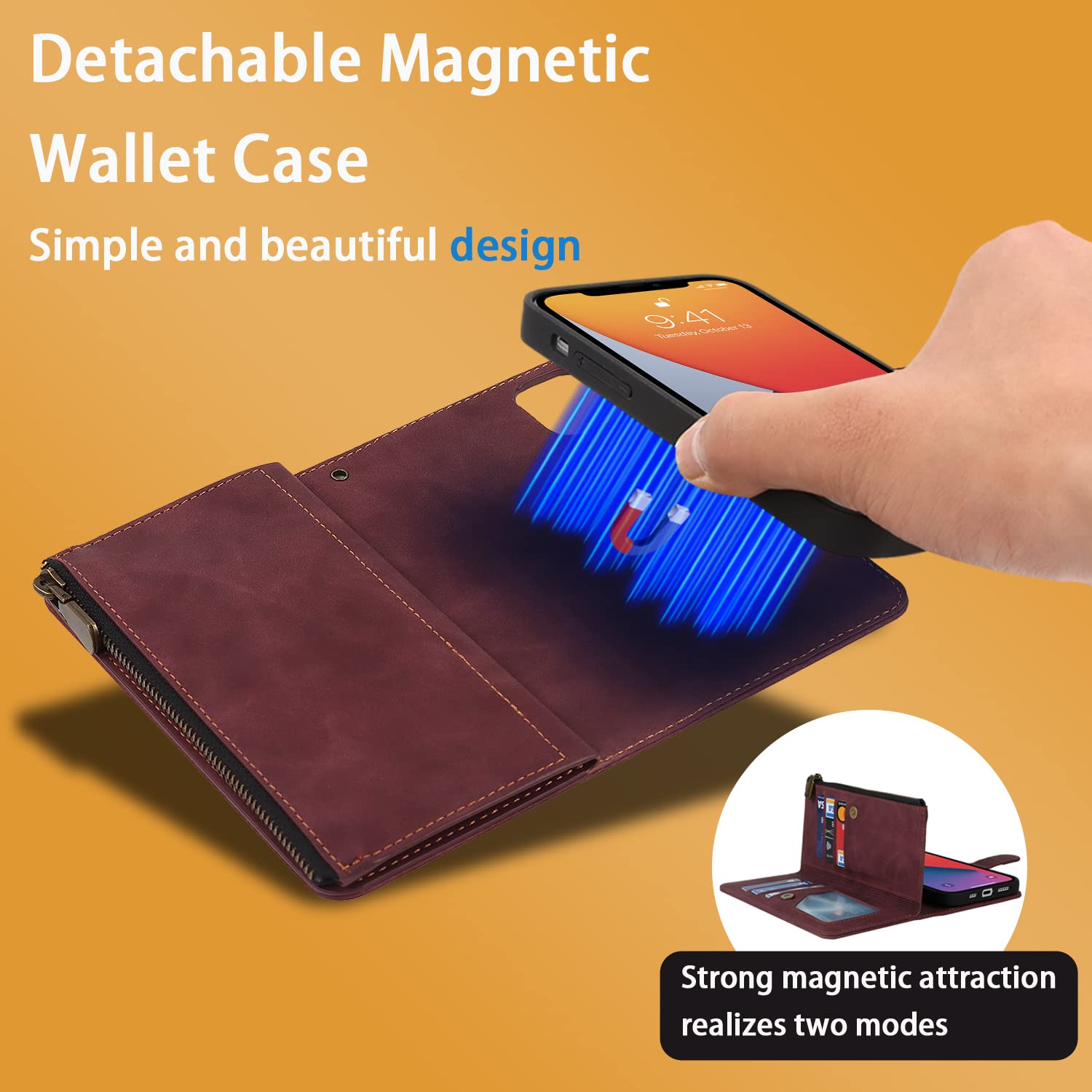 Havaya Detachable Wallet Case for iPhone 13 Pro Max - Flip Folio Zipper Phone Cover with Credit Card Slots & Card Holder (Wine Red) - Perfect for Everyday Use, Travel, and Business Professionals