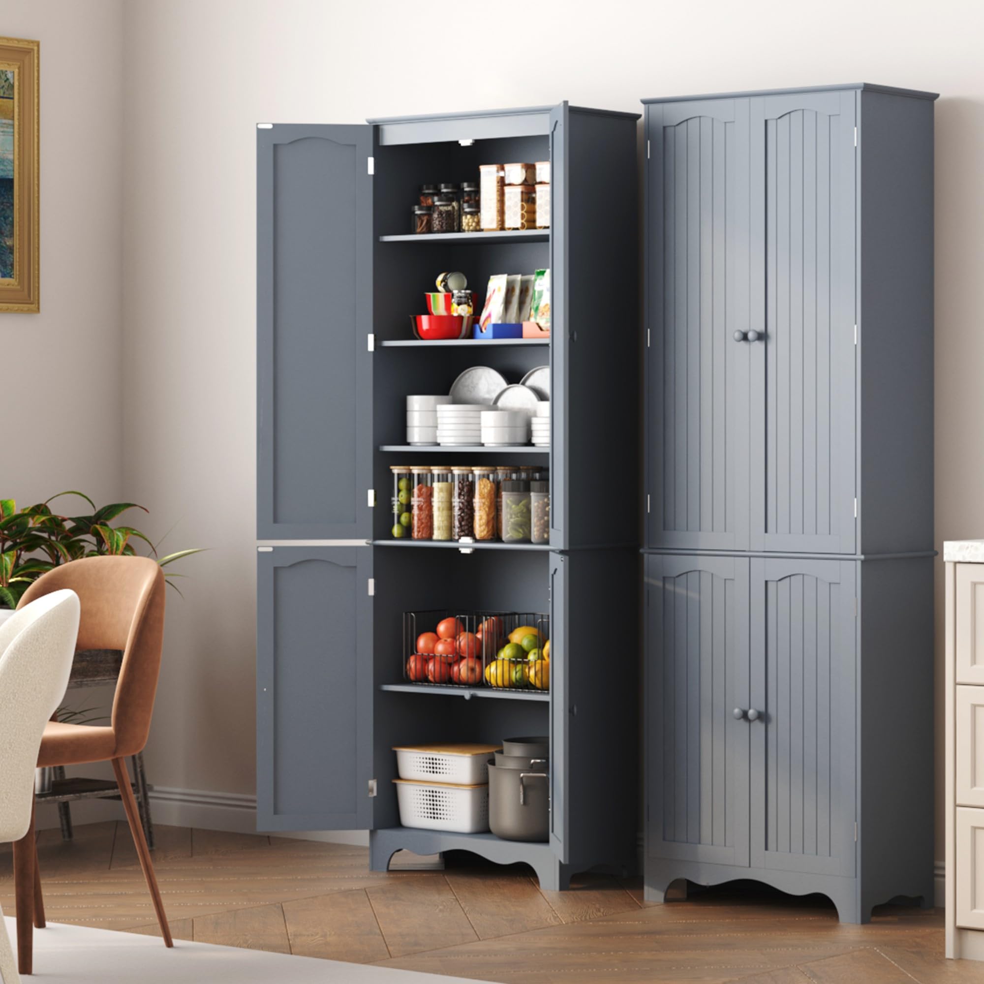 Tall Wooden Pantry Cabinet with 4 Doors & 5 Shelves - 72