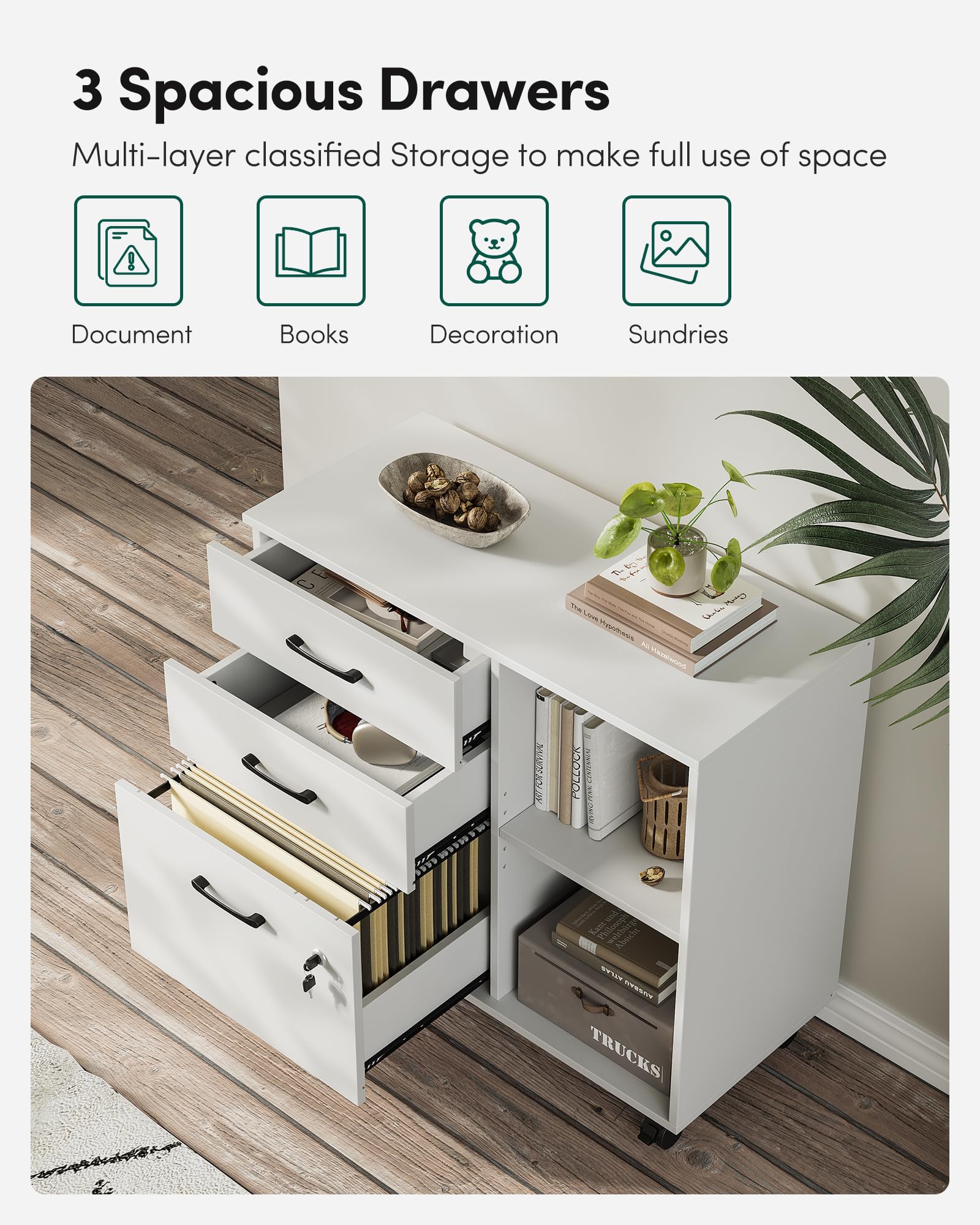 FEZIBO Home Office File Cabinet with Locking Drawers & Open Storage Shelves - Mobile Lateral Filing Cabinet & Printer Stand - White - Perfect for Organizing Documents & Office Supplies in Small Spaces