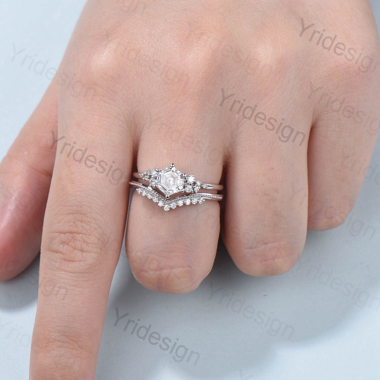 Hexagon Cut Moissanite Ring Set - Vintage Cluster Diamond Engagement Ring in Rose Gold, Unique Art Deco Bridal Jewelry for Women, Anniversary Gift, Wedding Proposal, Special Occasion Jewelry