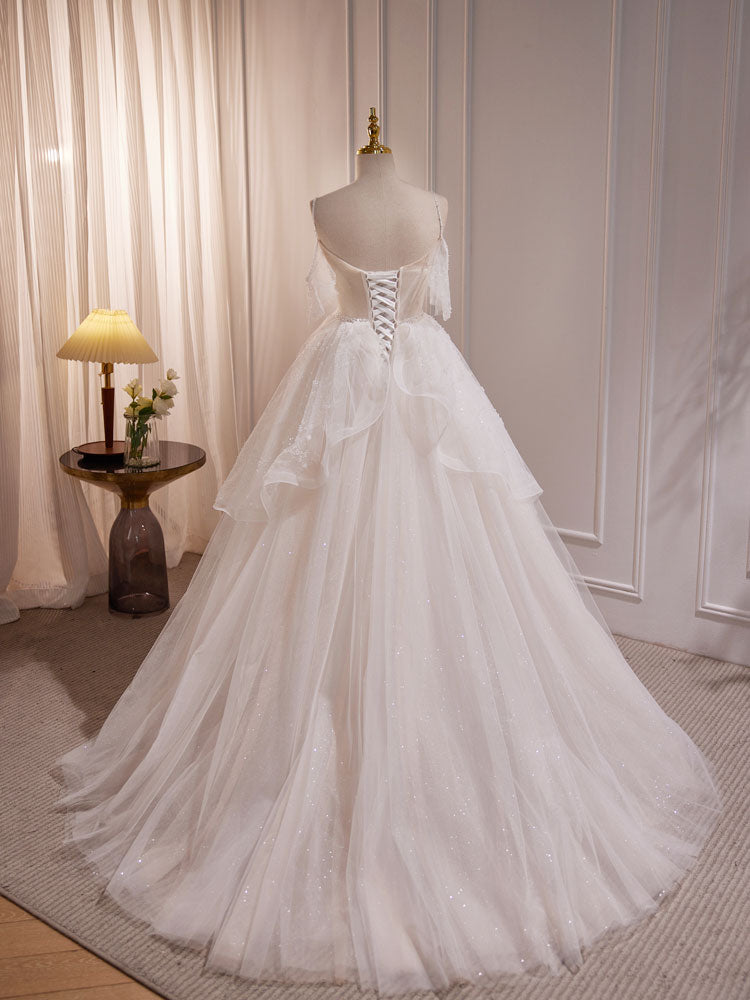 Elegant Beige A-Line Tulle Beaded Long Prom Dress - Formal Evening Gown for Homecoming, Wedding, and Special Occasions