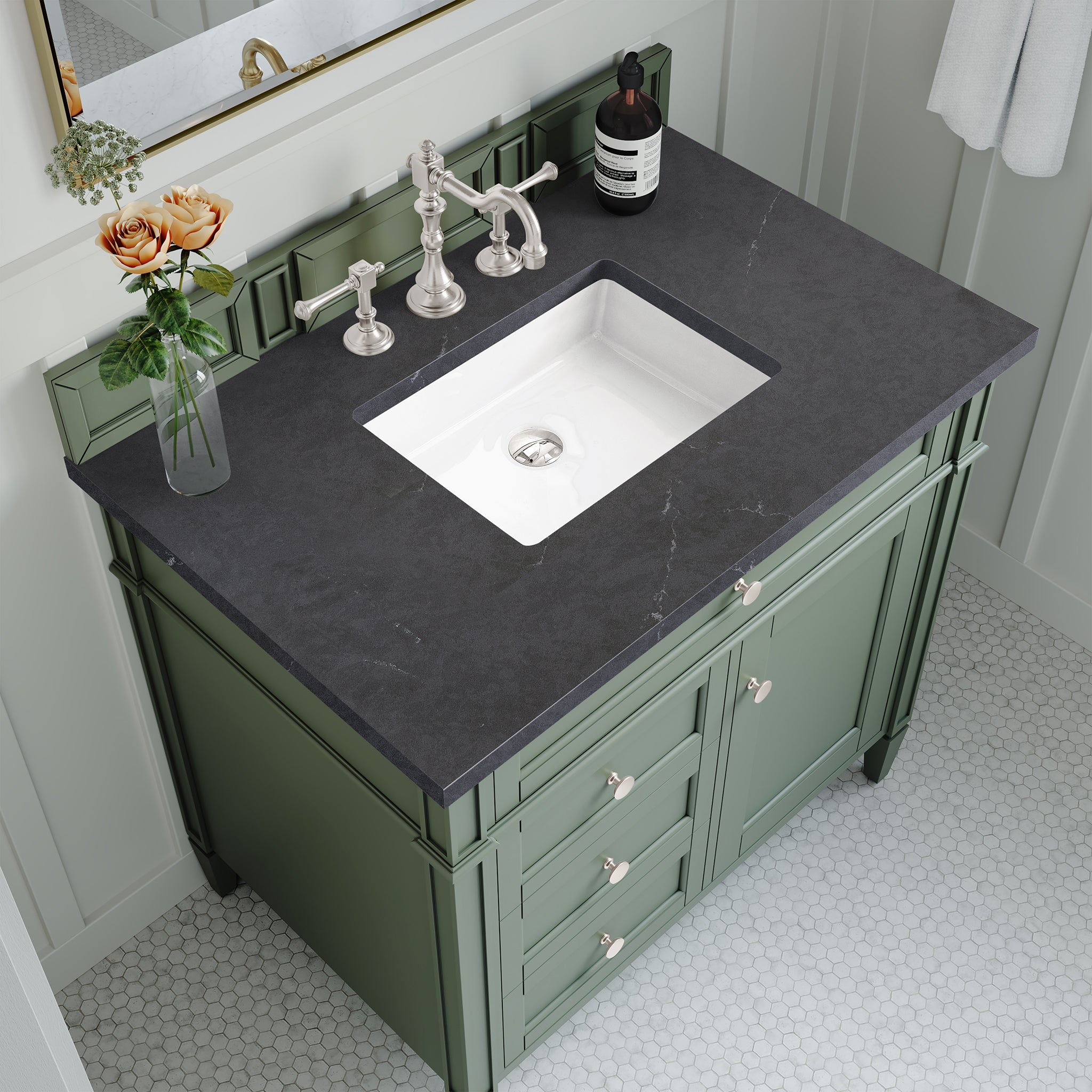 Brittany 36-Inch Single Bathroom Vanity in Smokey Celadon with 3CM Charcoal Soapstone Top - Perfect for Modern Master Bathrooms & Powder Rooms