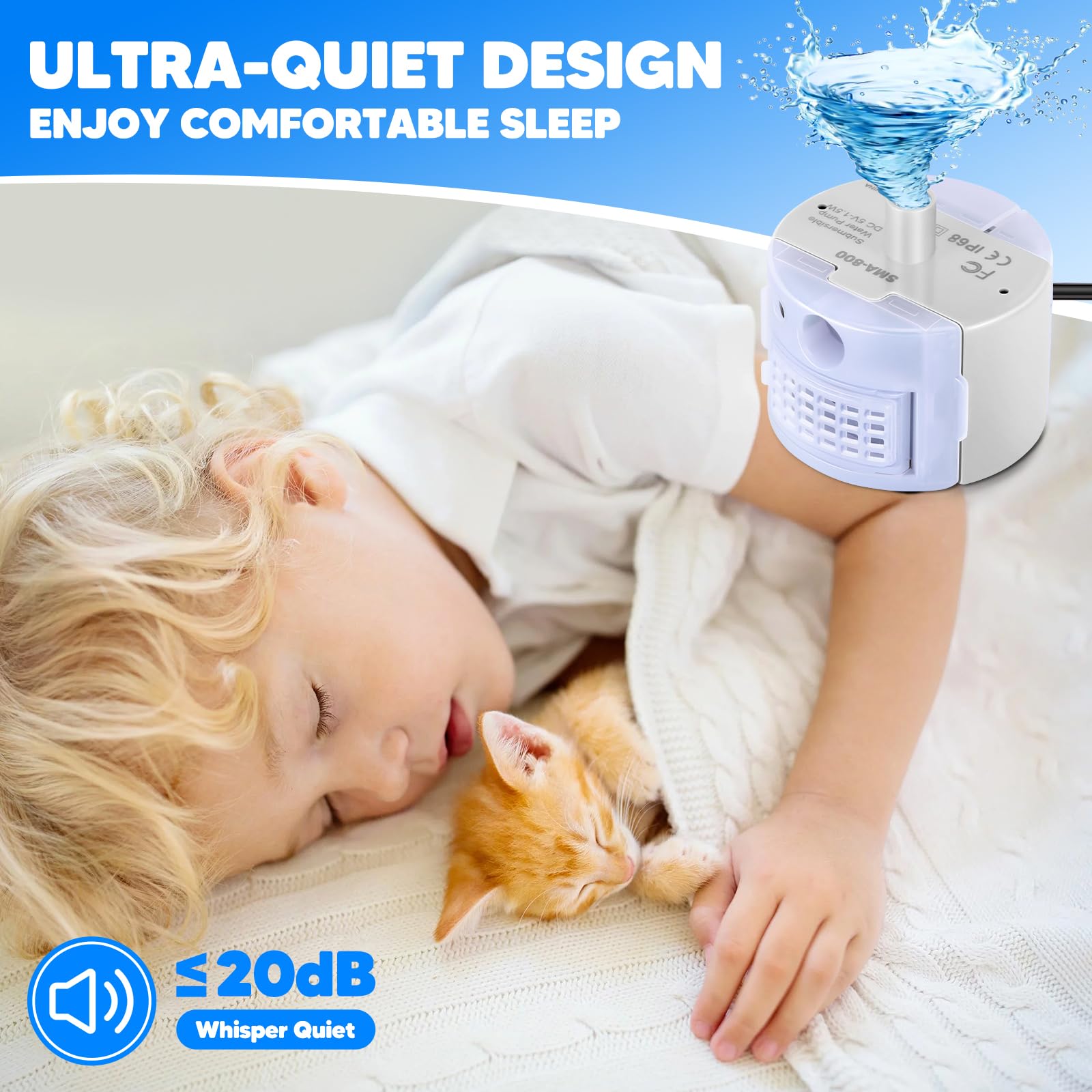 Ultra-Quiet USB DC 5V Cat Water Fountain Pump - Safe & Easy Clean Replacement Pump for Stainless Steel Pet Water Dispenser (White) | Perfect for Home, Office, or Travel Use with Cats