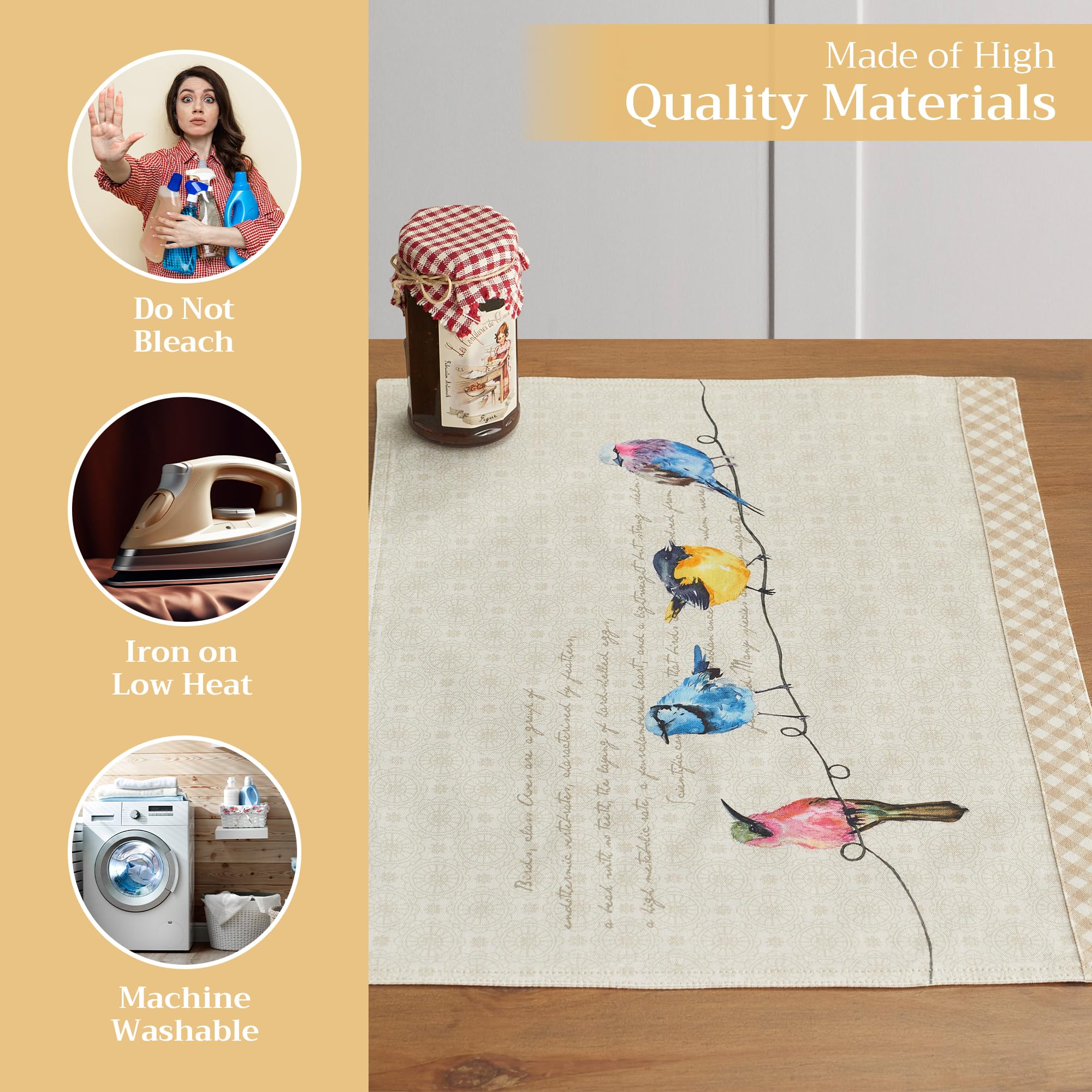 Hermine Cotton Placemats Set of 4 - 100% Washable Cloth Table Mats for Kitchen, Dining, Wedding & Restaurant - Easter & Spring Summer Decor (Bird on Wire Design, 13x19 Inch) - Perfect for Holiday Dinners, Buffet Parties & Home Decor