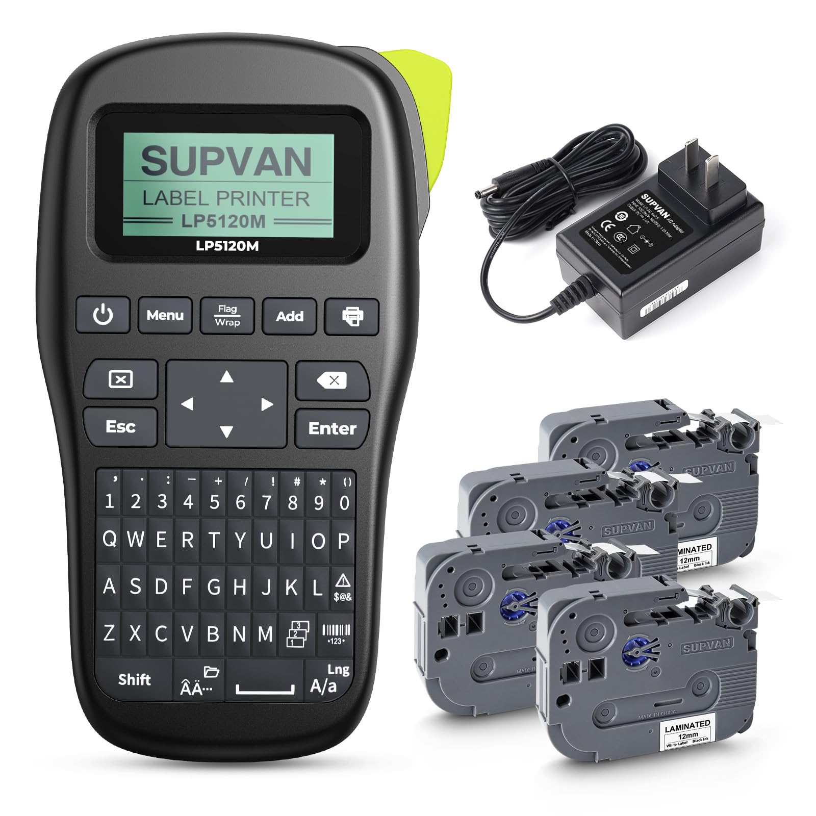 SUPVAN LP5120M Thermal Label Printer Bundle with Keyboard & AC Adapter - 4 Tapes Included, Waterproof Label Maker for Home, Office, Warehouse, Retail - Perfect for Shipping Labels, Inventory Management & Organization