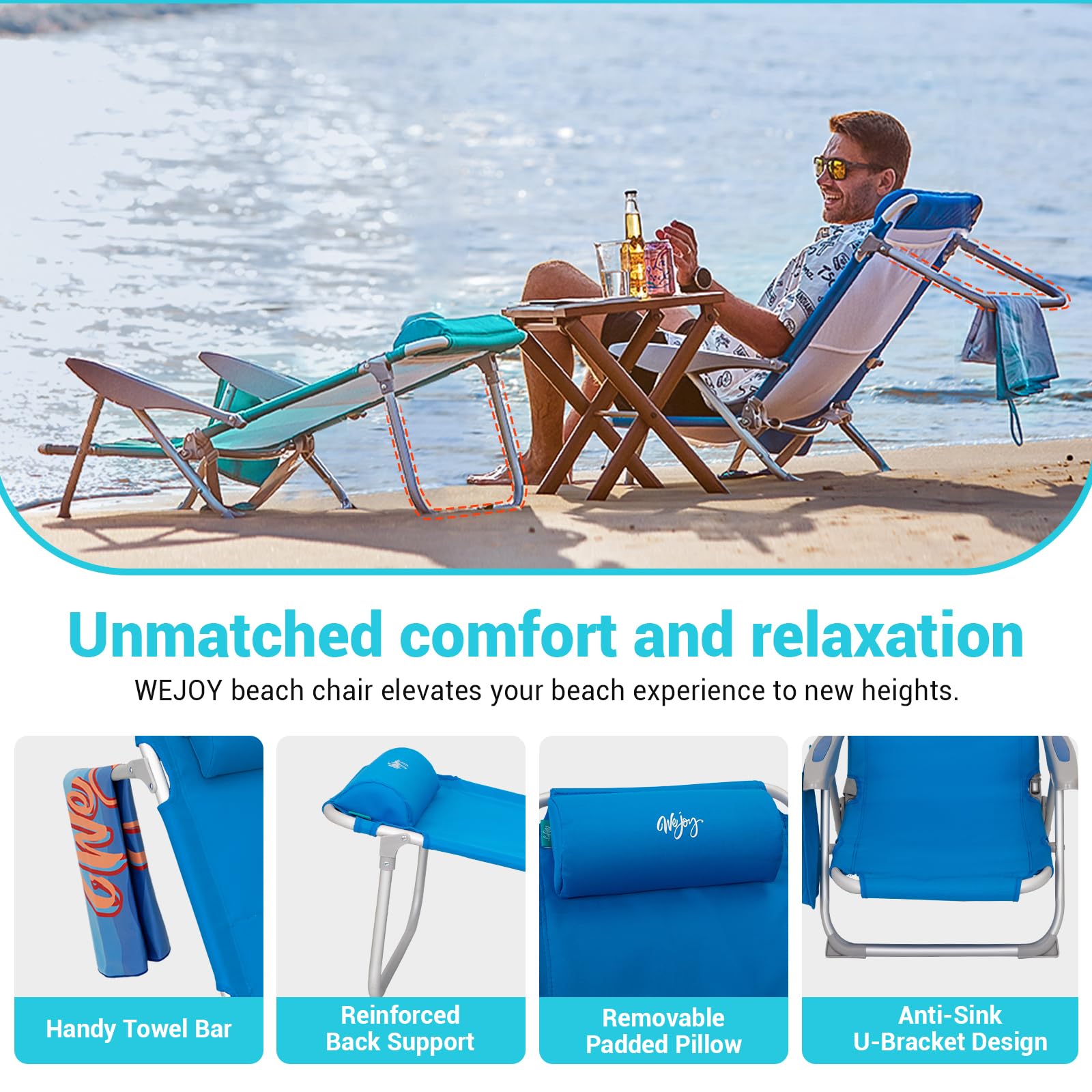 WEJOY 4-Position Folding Beach Chair for Adults - Lightweight Aluminum Frame with Shoulder Strap, Cup Holder & Padded Headrest - Supports 265lbs - Perfect for Beach, Poolside, Camping & Backyard Relaxation (Blue, 2-Pack)