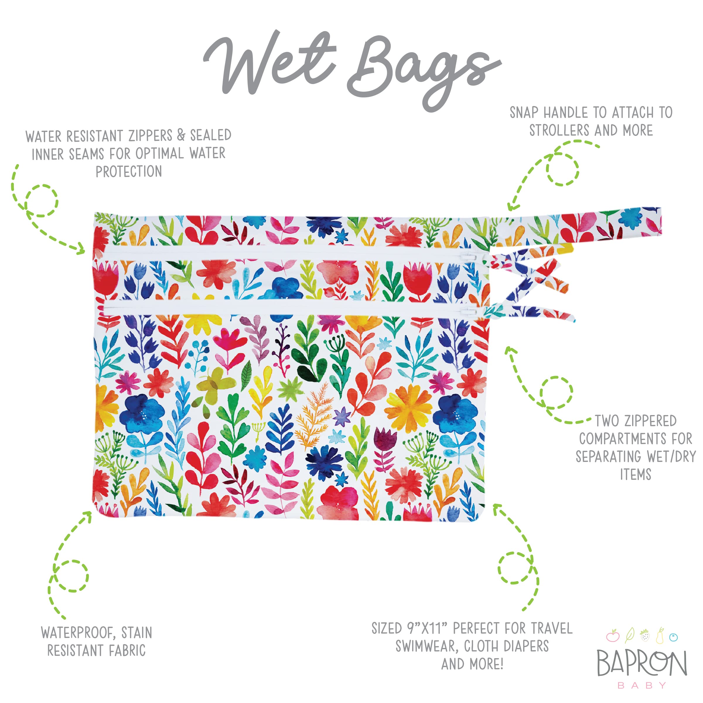 Waterproof Baby Wet Dry Bag with 2 Zippers - Reusable for Diapers, Swimsuits & Snacks - 11x9 Inch (Mealtime & Travel Use)