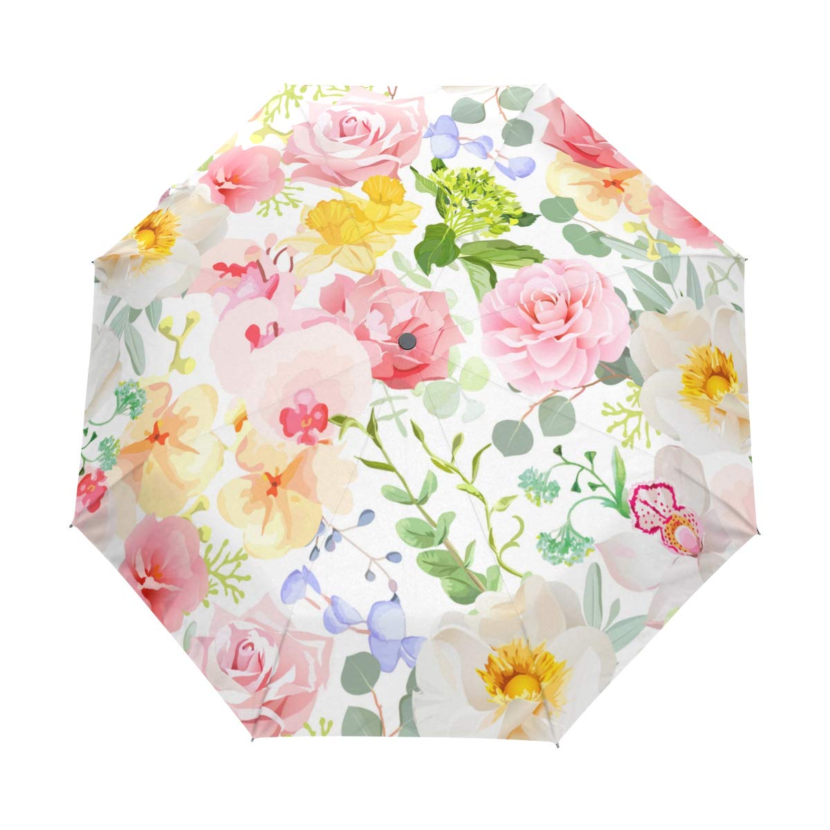Vintage Rose Peony Camellia French Floral Auto Open Umbrella - UV Protection Compact Folding Automatic Umbrella for Sun & Rain - Perfect for Outdoor Events, Beach, Wedding & Daily Use