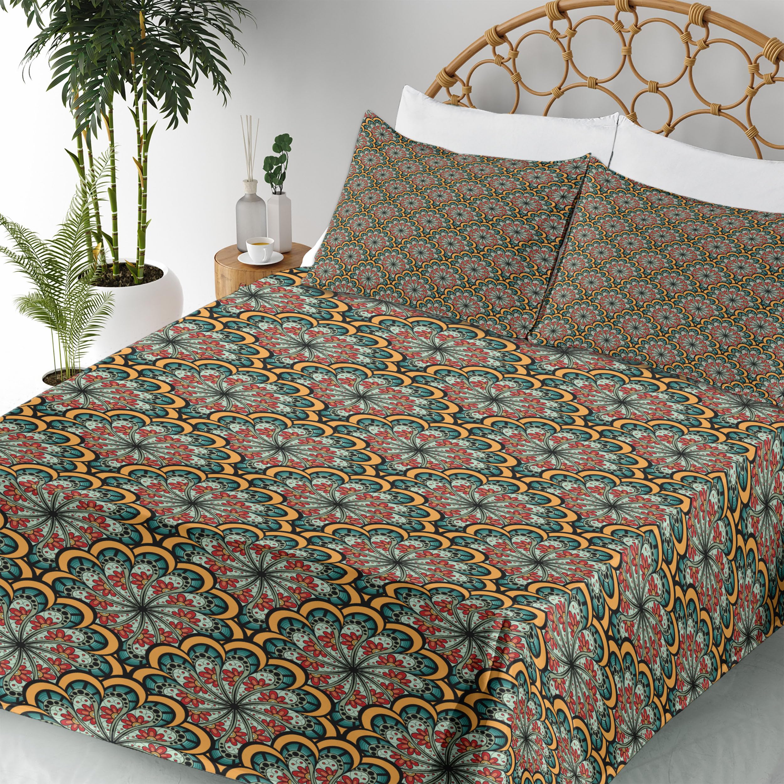 Ambesonne Bohemian Mandala Sheet Set 4-Piece King Size - Flourishing Nature Paisley Design, Fitted & Flat Sheets with Pillowcases - Seafoam Marigold Red - Perfect for Boho Bedroom Decor & Guest Room Styling