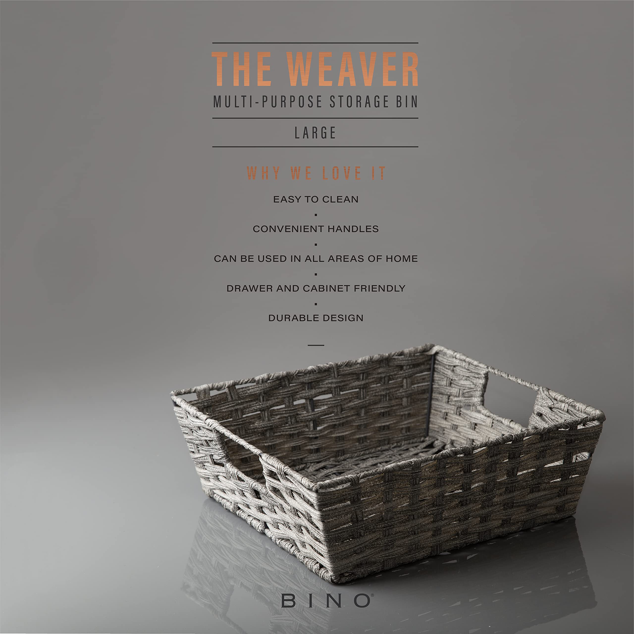 BINO 2-Pack Woven Resin Storage Baskets with Handles - Large Shelf Organizer for Home & Office - Light Gray - Perfect for Closet, Bathroom, and Pantry Organization