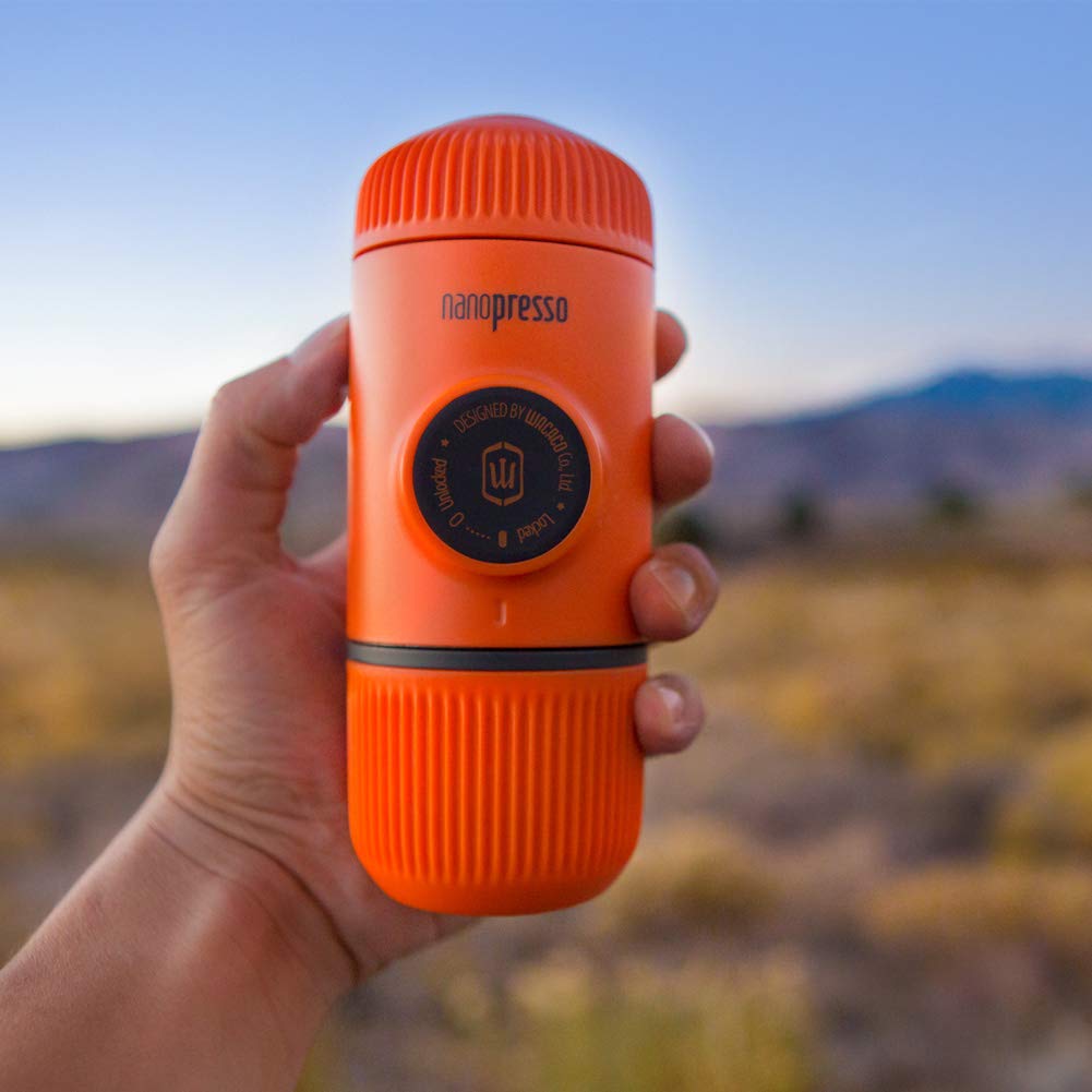 WACACO Nanopresso Portable Espresso Maker - 18 Bar Pressure Manual Coffee Machine for Travel, Camping, Office & Home Use | Compact & Lightweight | Orange Upgrade Version of Minipresso