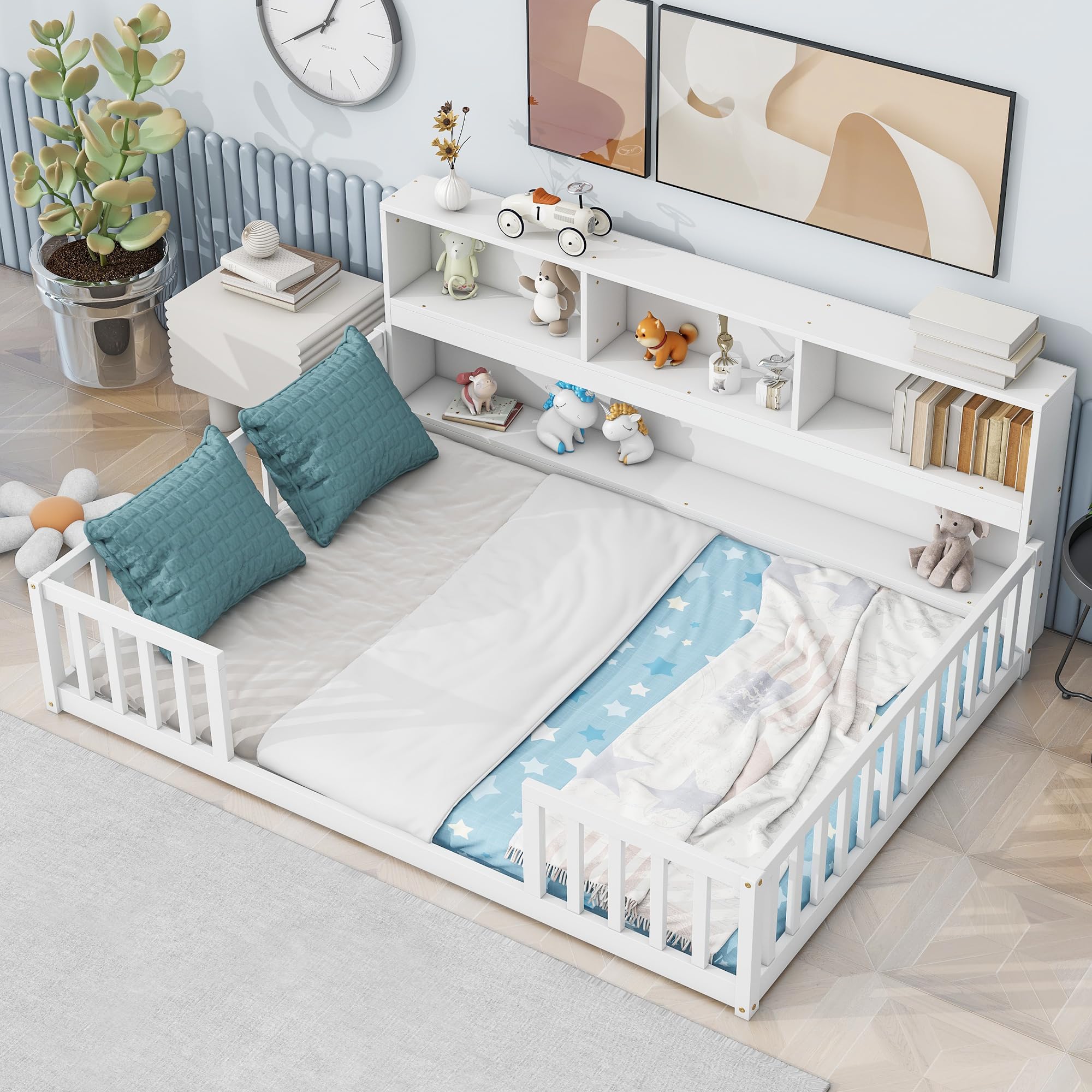 Full Size Floor Bed with Bedside Bookcase & Shelves - Multifunctional Wooden Platform Bed with Guardrails & Storage Headboard - Low Profile Kids & Teens Bed (White) - Perfect for Small Rooms, Dormitories & Cozy Bedrooms