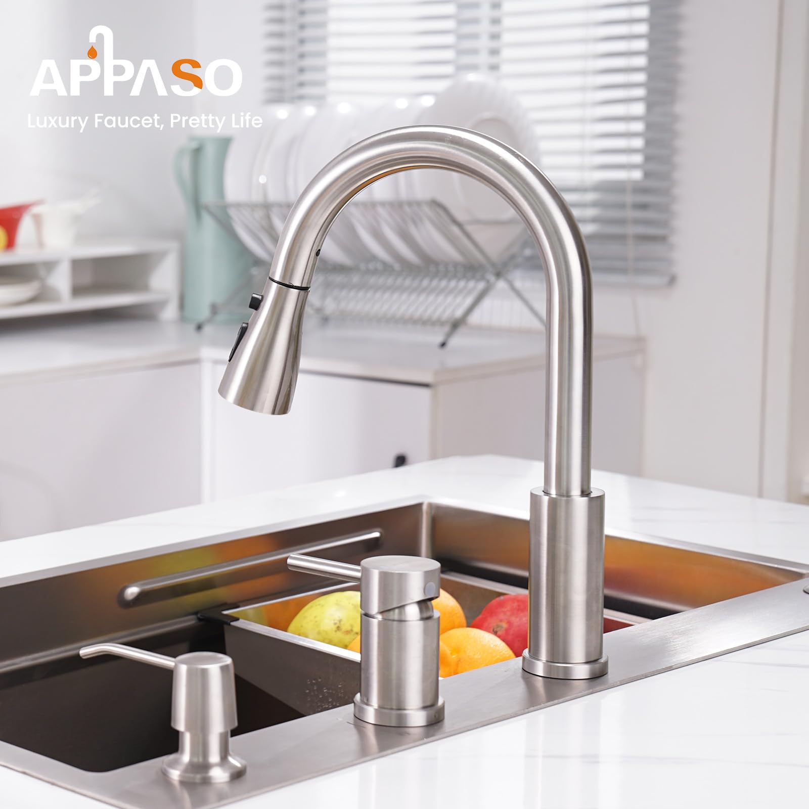APPASO Brushed Nickel 3-Hole Kitchen Faucet with Pull Down Sprayer & Soap Dispenser - 3 Spray Modes, High Arch Stainless Steel Sink Faucet with Separate Handle (3-Piece Set) - Perfect for Modern Kitchens, Restaurants & Commercial Use