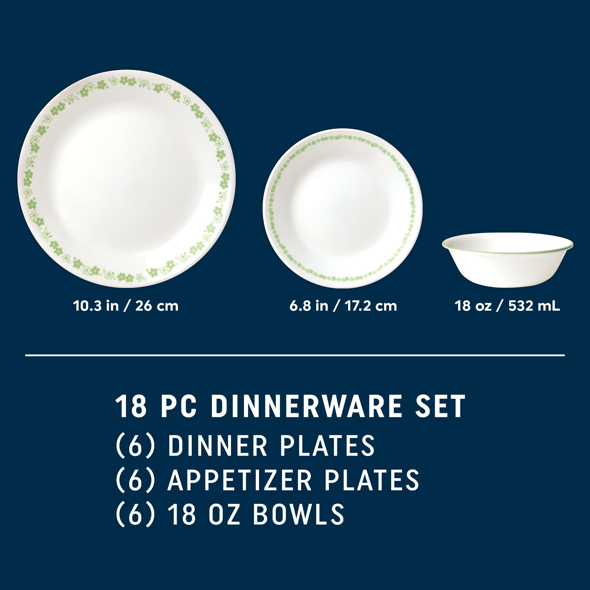 Corelle Vitrelle 18-Piece Dinnerware Set for 6, Chip & Crack Resistant Glass Plates & Bowls, Spring Blossom Green - Perfect for Everyday Dining, Family Gatherings & Dinner Parties