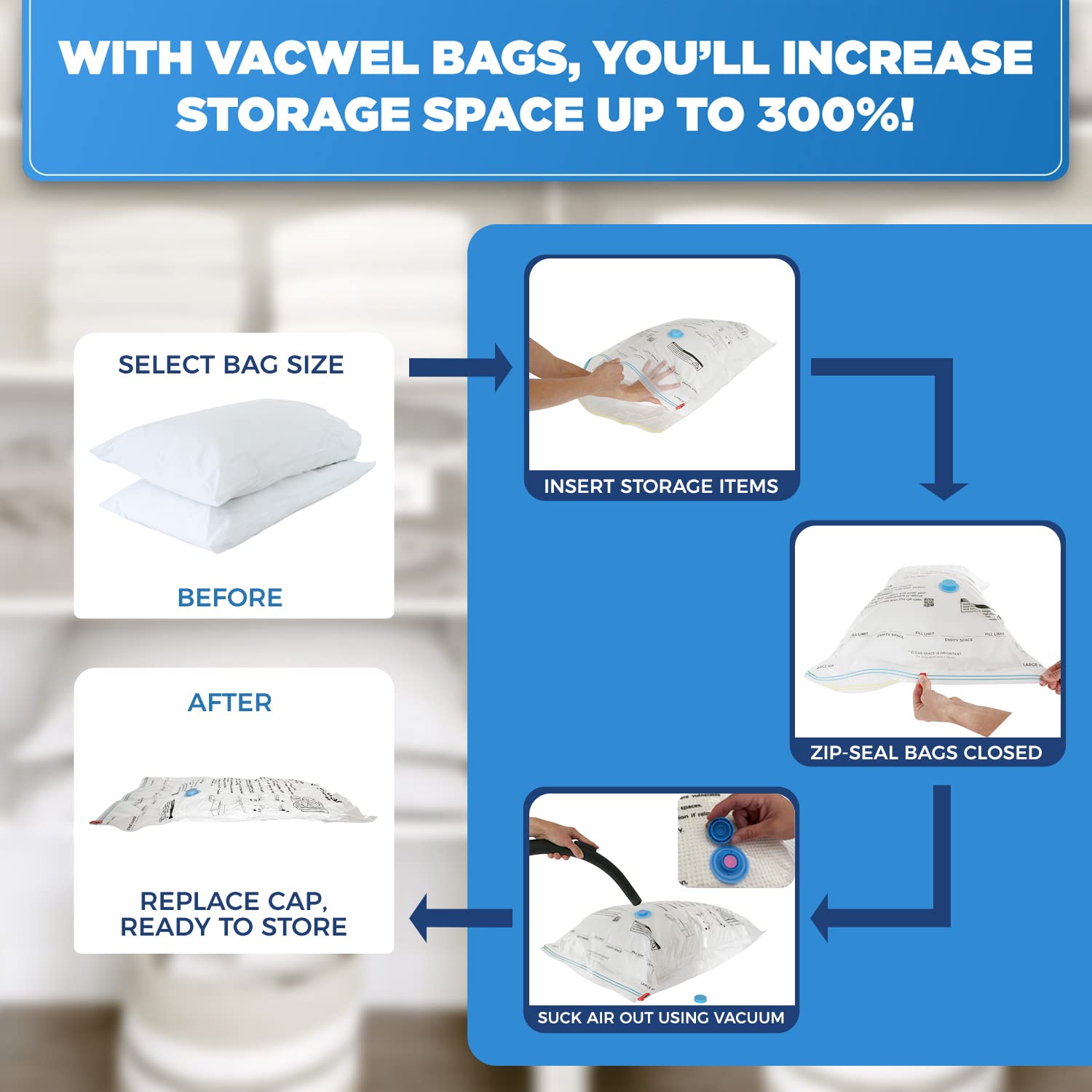 6-Pack Vacuum Storage Bags for Clothes, Comforters & Bedding - Space Saving Vacuum Seal Bags (3 XXL 47x35in + 3 Jumbo 43x30in) - Perfect for Seasonal Clothing Storage, Travel & Home Organization