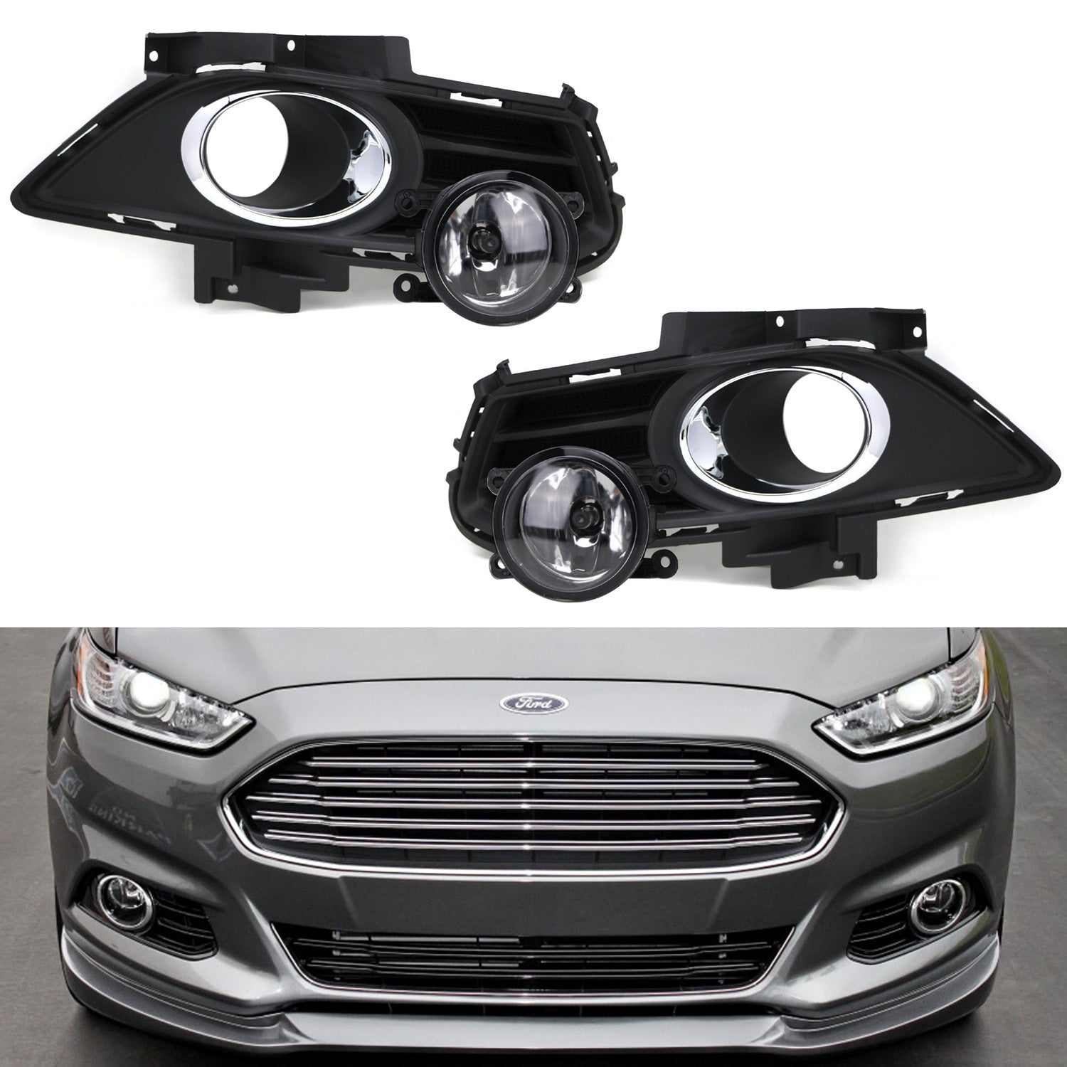 Complete Clear Lens Fog Light Kit with Bezel Covers & Wiring Harness for 2013-2016 Ford Fusion - Upgrade Headlights for Better Visibility in Rain & Fog
