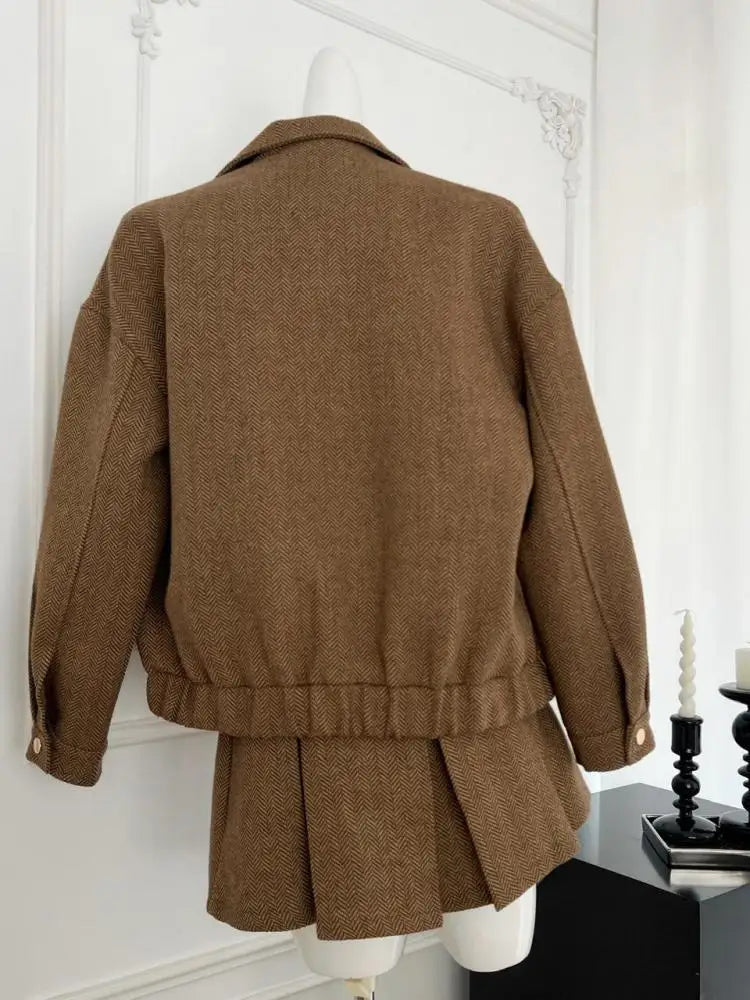Women's Retro Two-Piece Set - Brown Diamond Long Sleeve Lapel Zipper Coat & High Waist Pleated Mini Skirt | Fall Winter Fashion Outfit for Parties, Dating & Office Wear