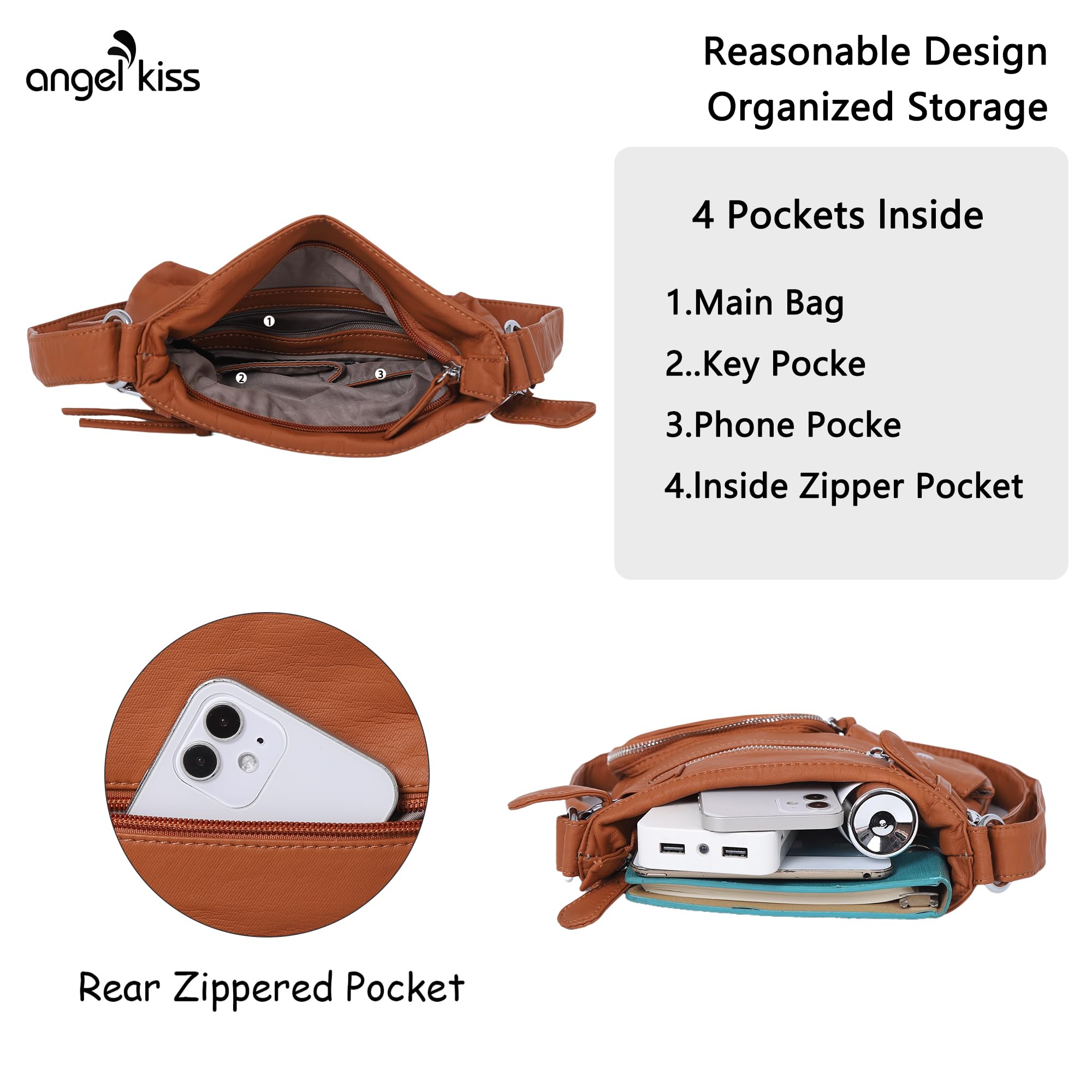 Angel Kiss Women's Crossbody Bag - Soft Washed Leather Shoulder Purse with Multiple Pockets | Stylish Hobo & Medium Handbag for Work, Travel & Everyday Use