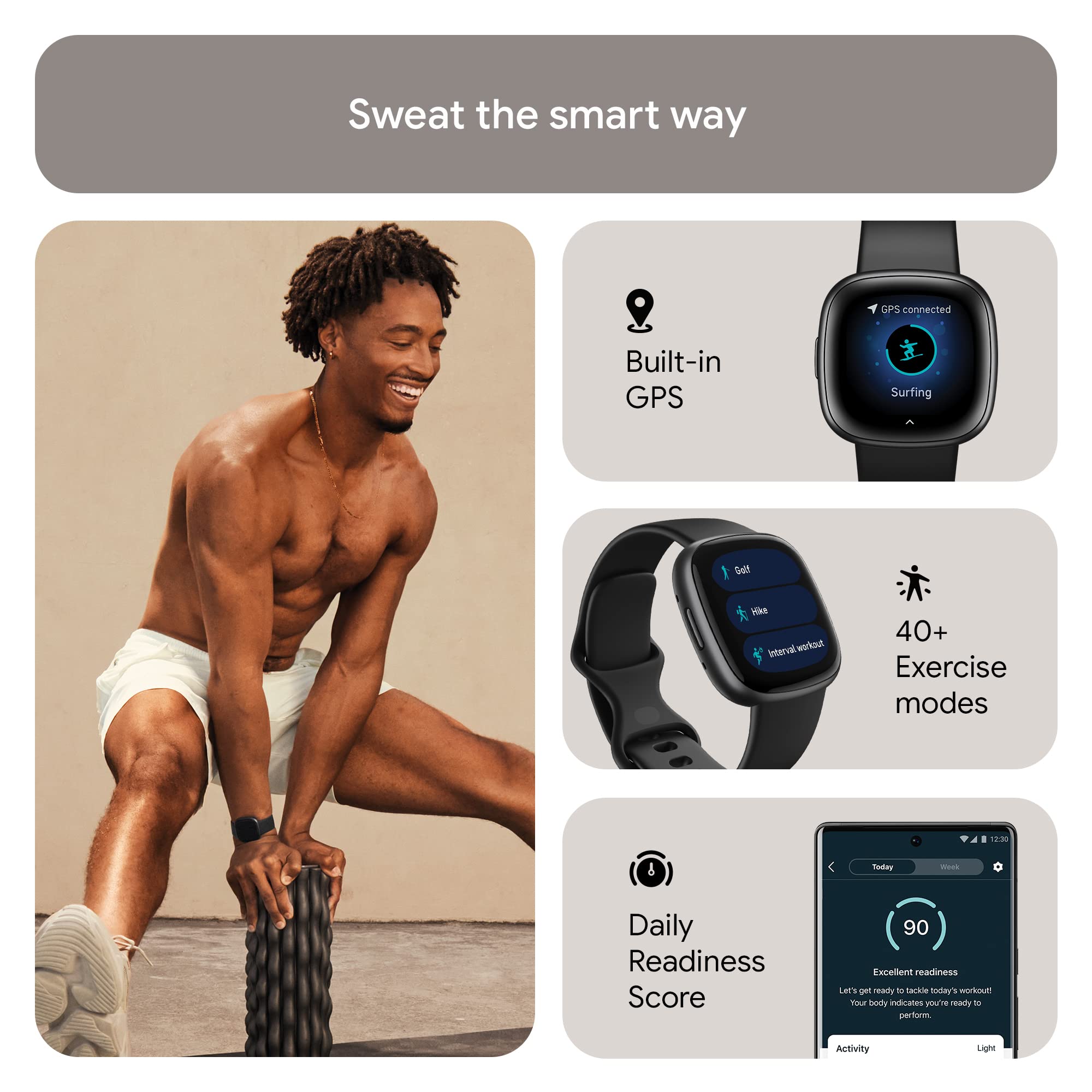 Fitbit Versa 4 Smart Watch - GPS Fitness Tracker with Heart Rate Monitor, Sleep Tracking & 40+ Exercise Modes | Black/Graphite (Renewed) | Includes S & L Bands | Perfect for Running, Swimming & Daily Activity Tracking