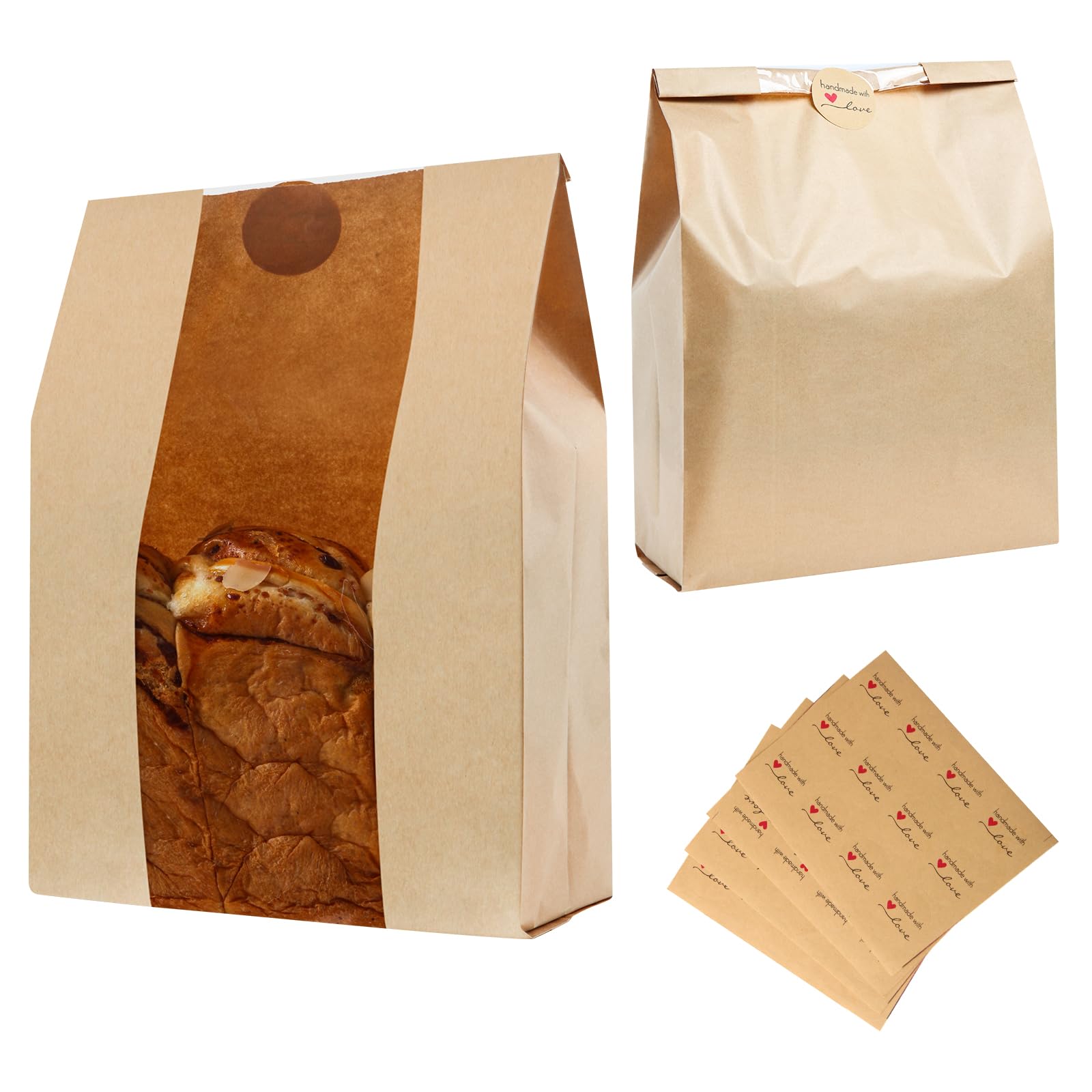 60 Pack Bread Bags for Homemade Bread - 50% Thicker Sourdough Kraft Paper Bags with Clear Window | Reusable Bread Storage for Baked Goods, Pastries & Cookies | Includes Label Seal Stickers (14