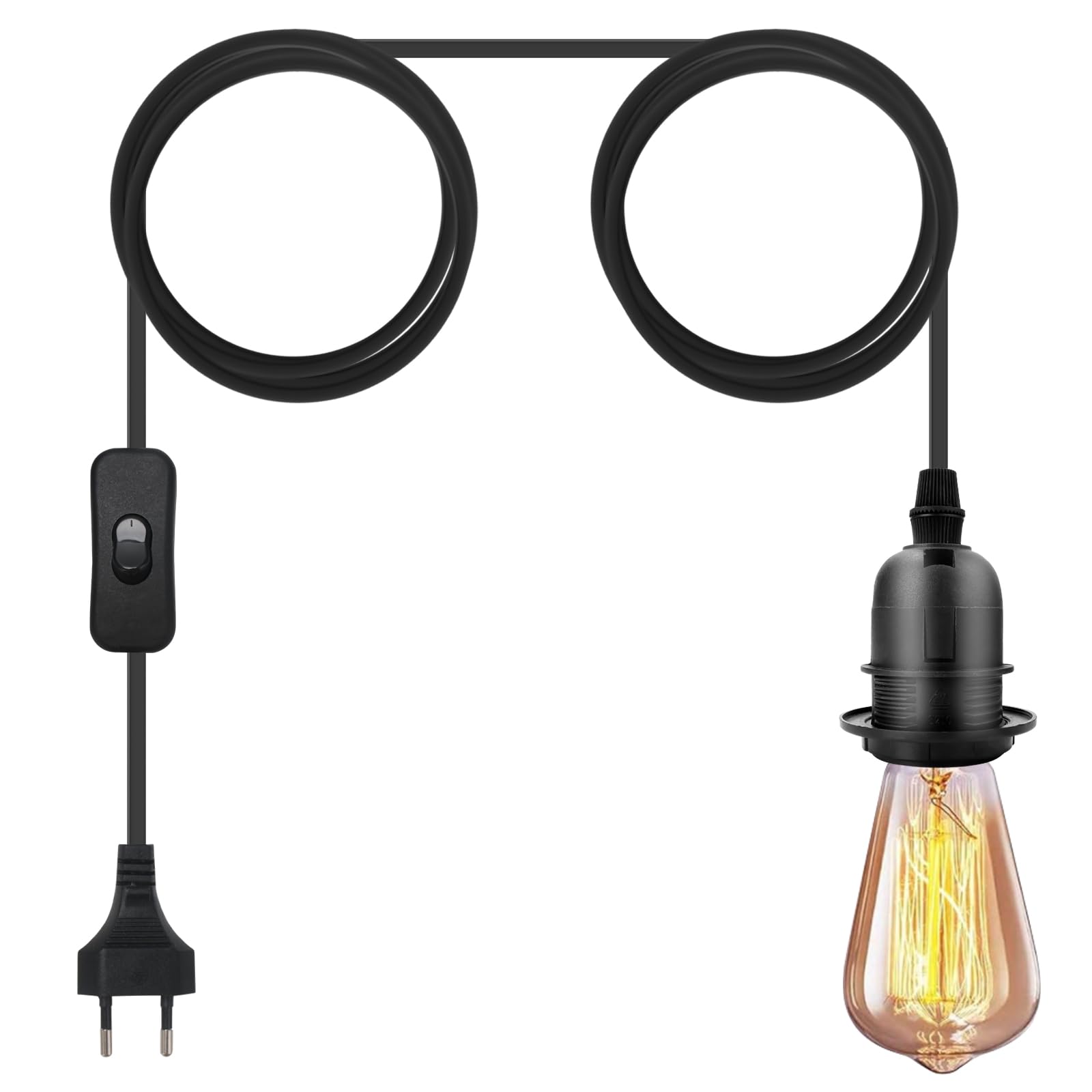 DIY Plug-in Hanging Pendant Light Fixture - 14.8FT Adjustable Cord with E26 Bulb Socket & ON/Off Switch (Black PVC) - Perfect for Bedroom, Kitchen Island, Dining Room, and Home Decor Lighting
