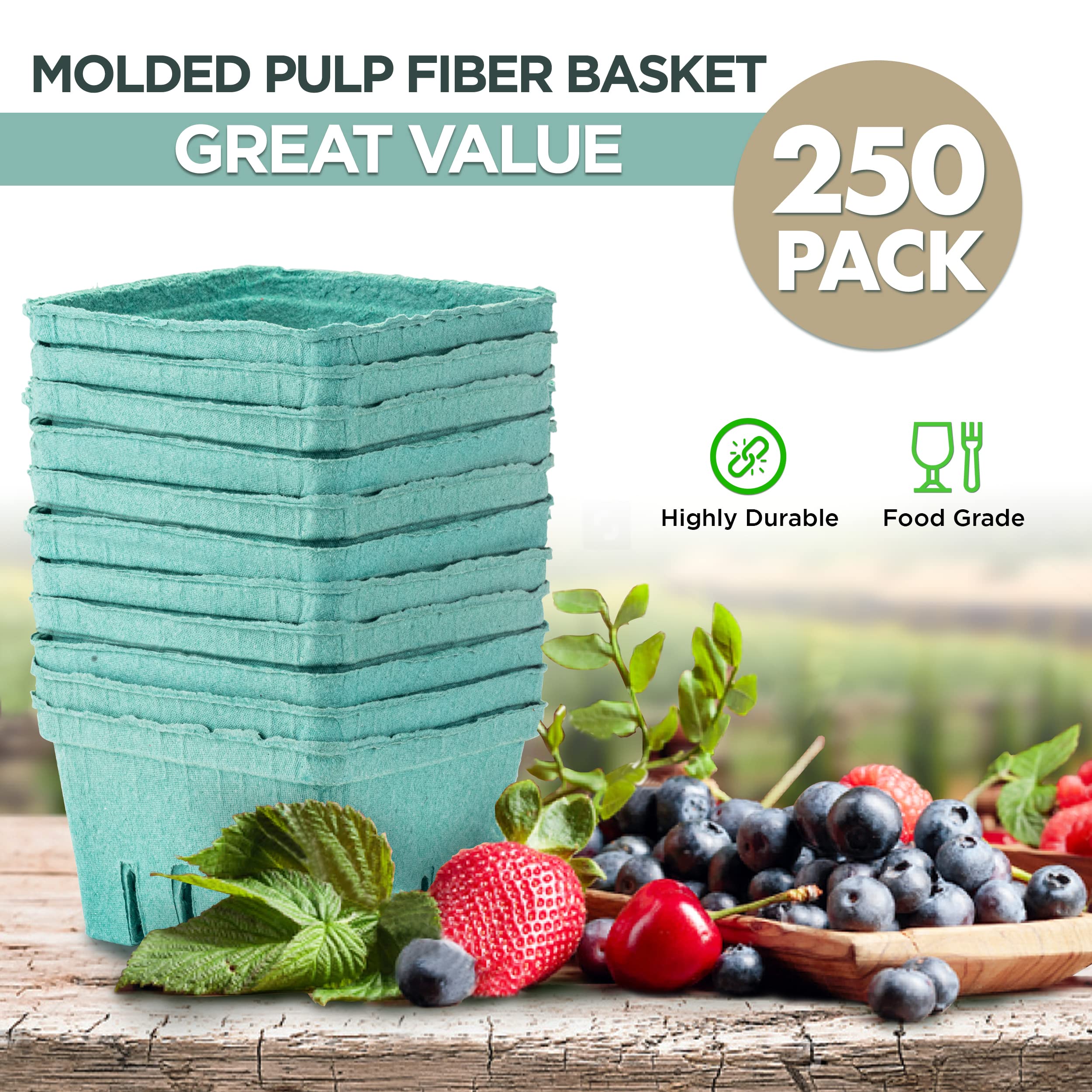 [250 Pack] Eco-Friendly Green Molded Pulp Berry Baskets - Ventilated Produce Containers for Strawberries, Blueberries & Vegetables | Perfect for Farmers Markets, Grocery Stores & Backyard Parties | Sustainable Packaging Solution for Fresh Fruit Display & Picnic Serving