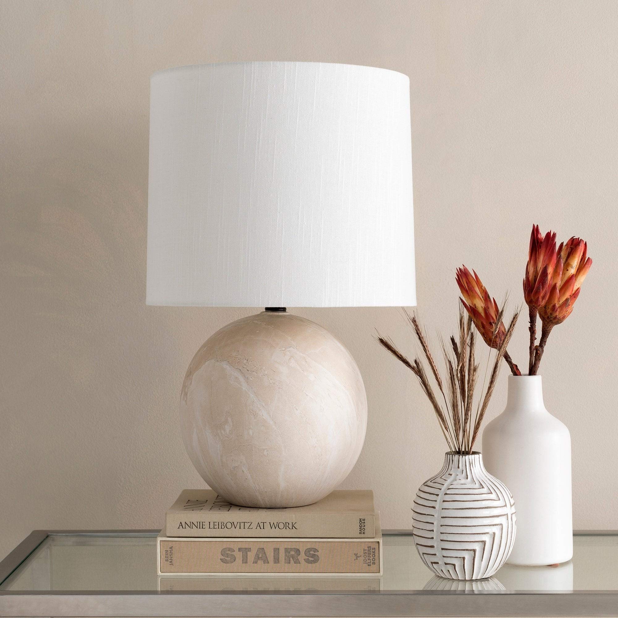 Modern Beige Faux Marble Ceramic Table Lamp with Included Bulbs - Elegant Home Office & Bedroom Lighting Decor