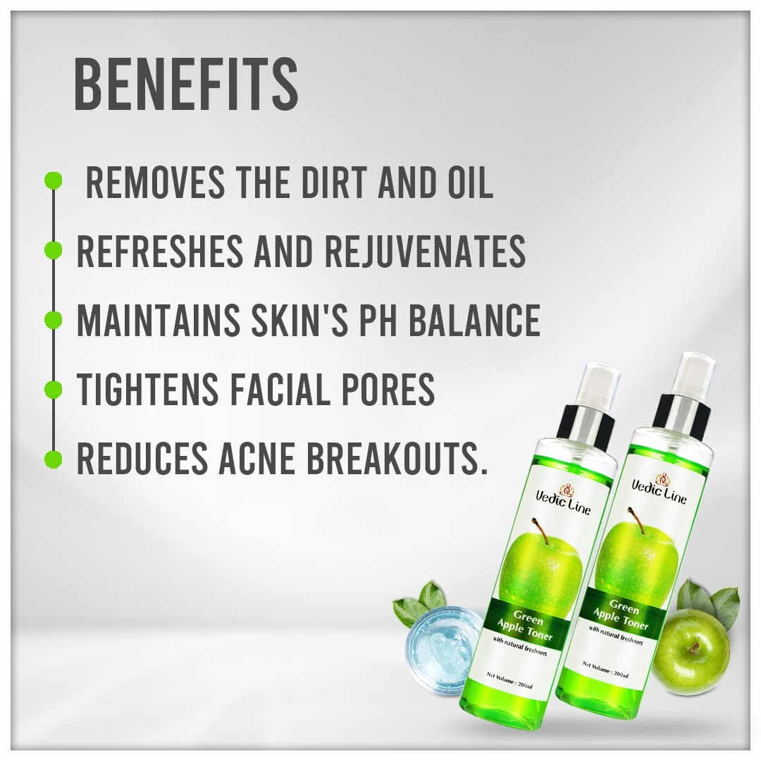 Vedicline Green Apple Facial Toner - Deep Cleansing, Pore Tightening & Acne Treatment, Pack of 2 (2 x 200ml) | Refreshing Skin Care for Daily Use & Valentine's Day Gifts